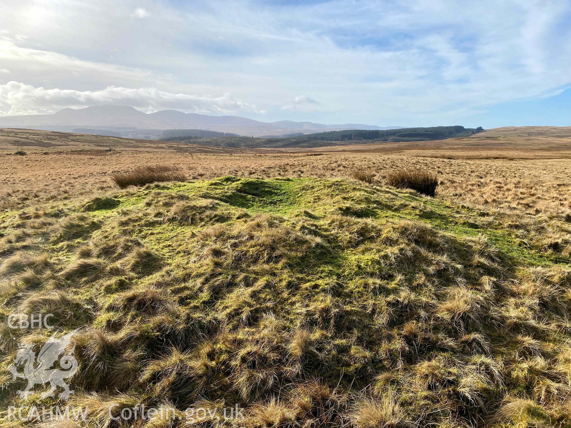 Digital colour photograph showing Y Pigwrn cairn.