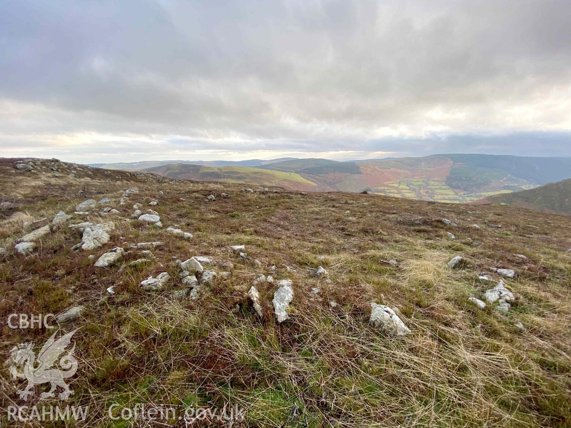 Digital colour photograph showing Craig Rhiwarth hut circles.