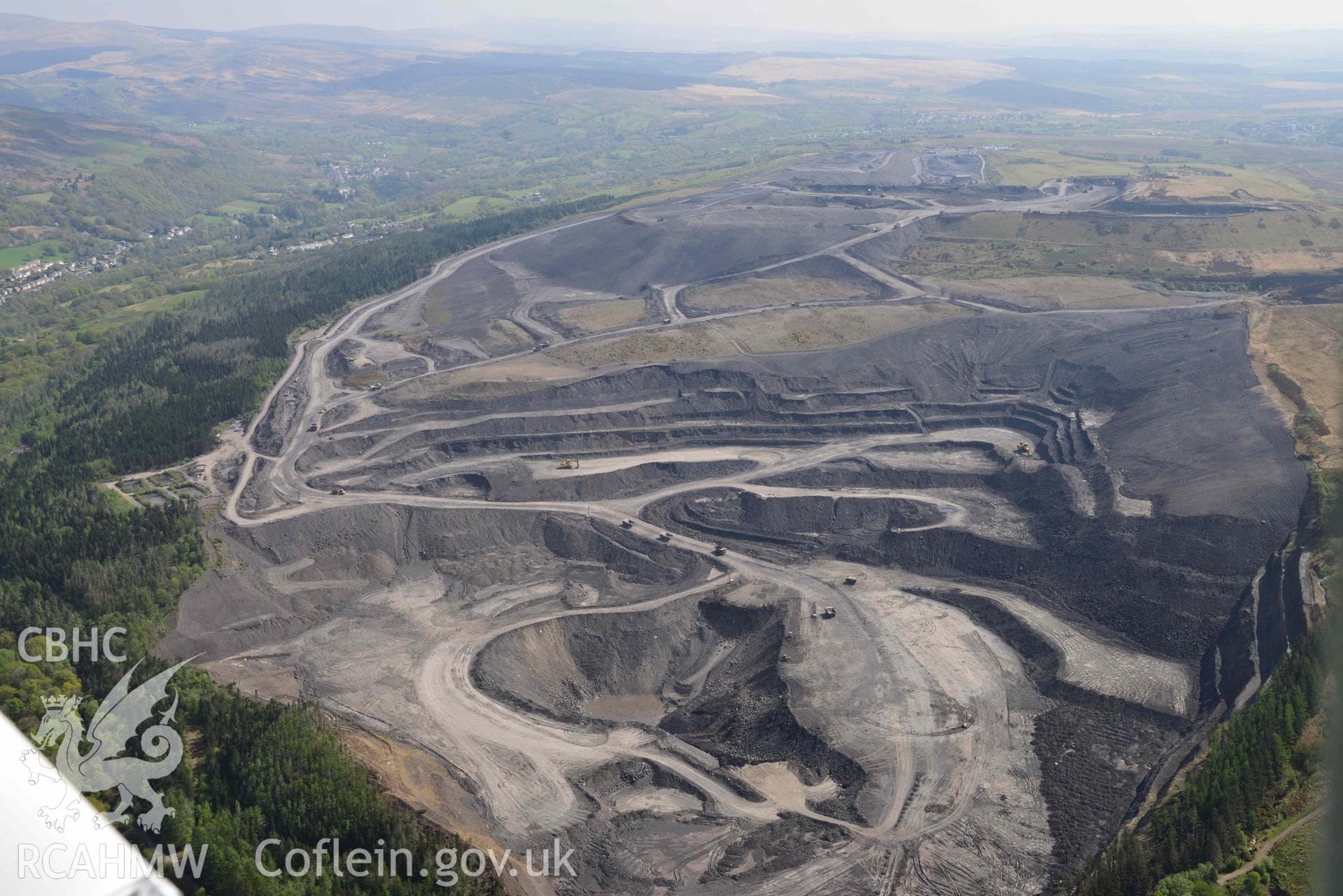 Nant Helen opencast mine, Abercraf. Oblique aerial photograph taken during the Royal Commission's programme of archaeological aerial reconnaissance by Toby Driver on 29 April 2022.