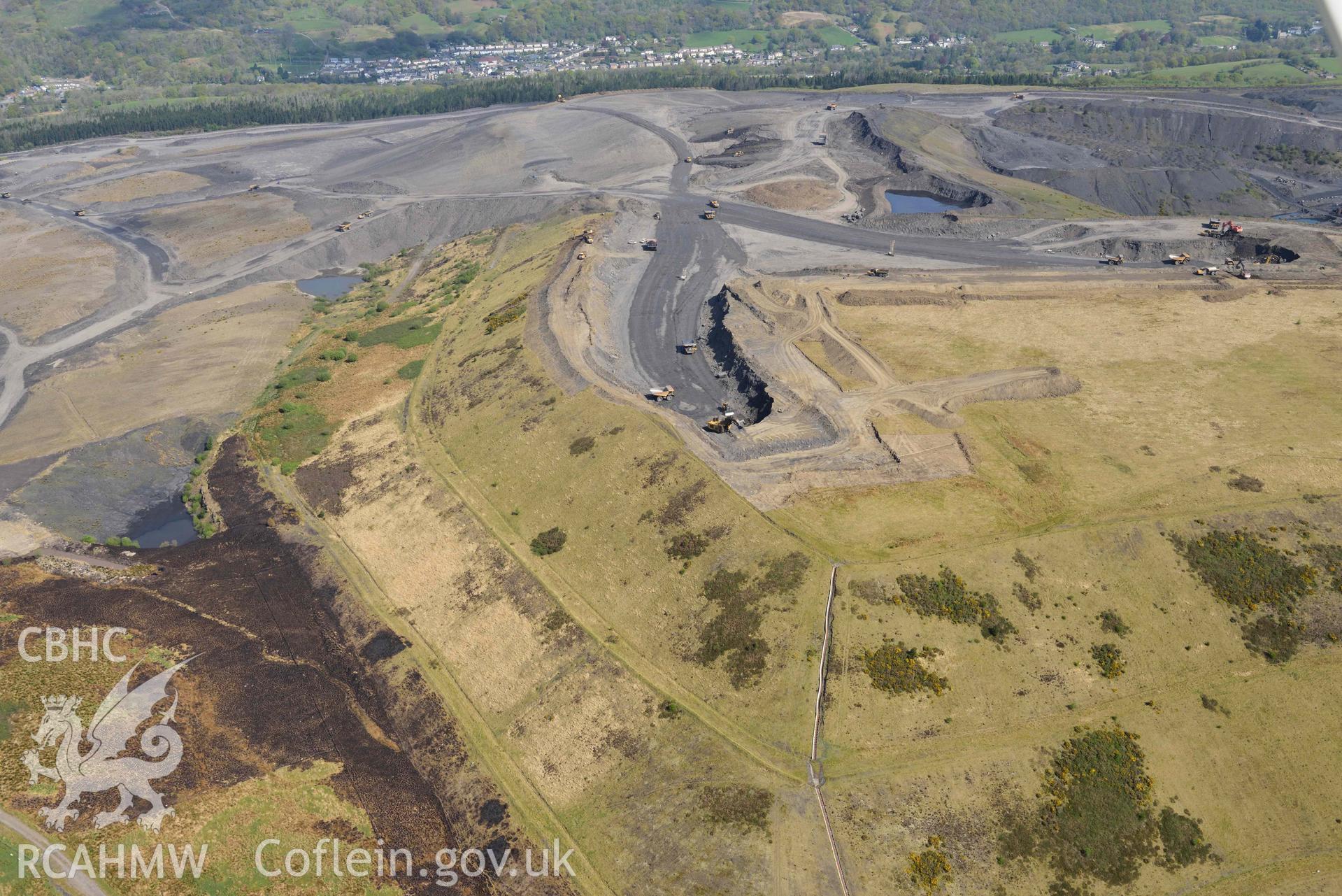 Nant Helen opencast mine, Abercraf. Oblique aerial photograph taken during the Royal Commission's programme of archaeological aerial reconnaissance by Toby Driver on 29 April 2022.