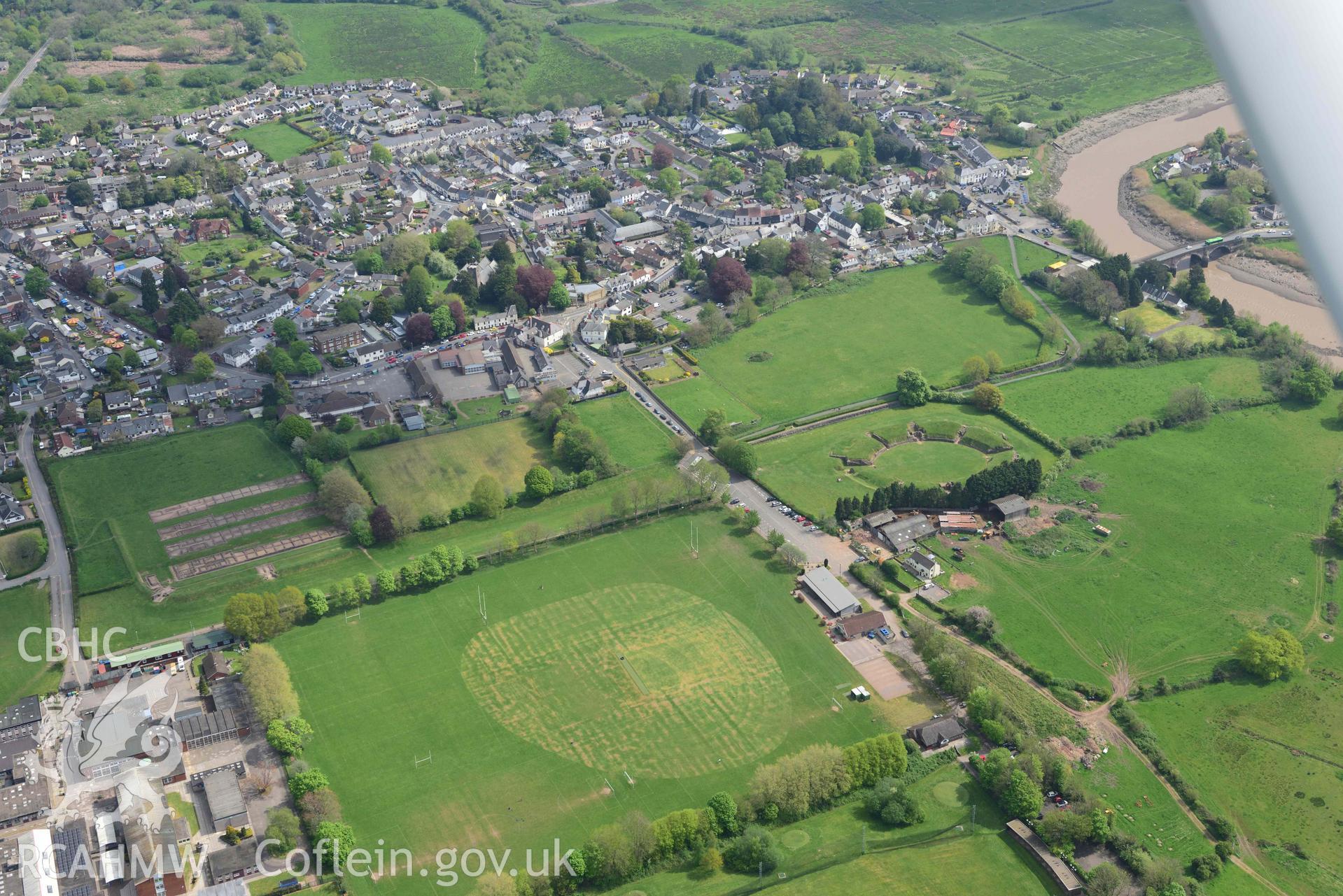 Caerleon town and Roman fortress. Oblique aerial photograph taken during the Royal Commission's programme of archaeological aerial reconnaissance by Toby Driver on 29 April 2022.