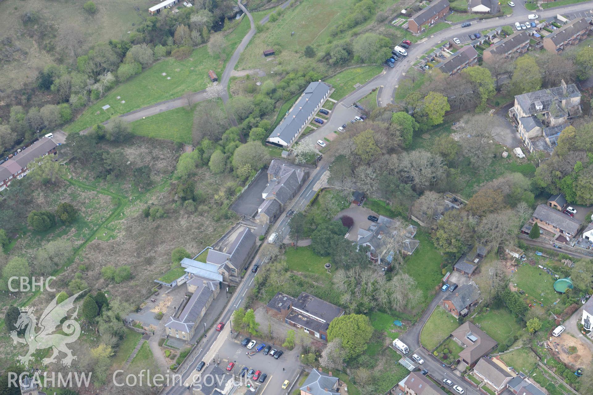 St Peter's School, Blaenavon. Oblique aerial photograph taken during the Royal Commission's programme of archaeological aerial reconnaissance by Toby Driver on 29 April 2022.