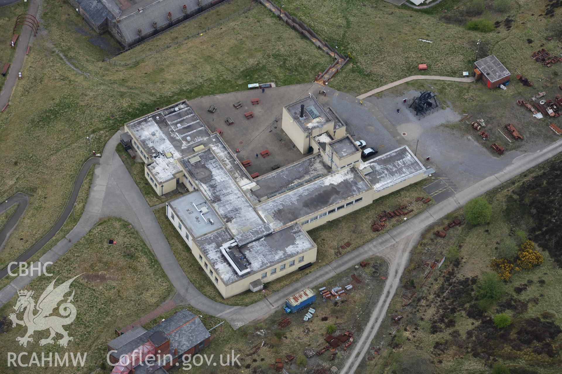 The Pithead Baths at the Big Pit Colliery, Pithead Baths. Oblique aerial photograph taken during the Royal Commission's programme of archaeological aerial reconnaissance by Toby Driver on 29 April 2022.