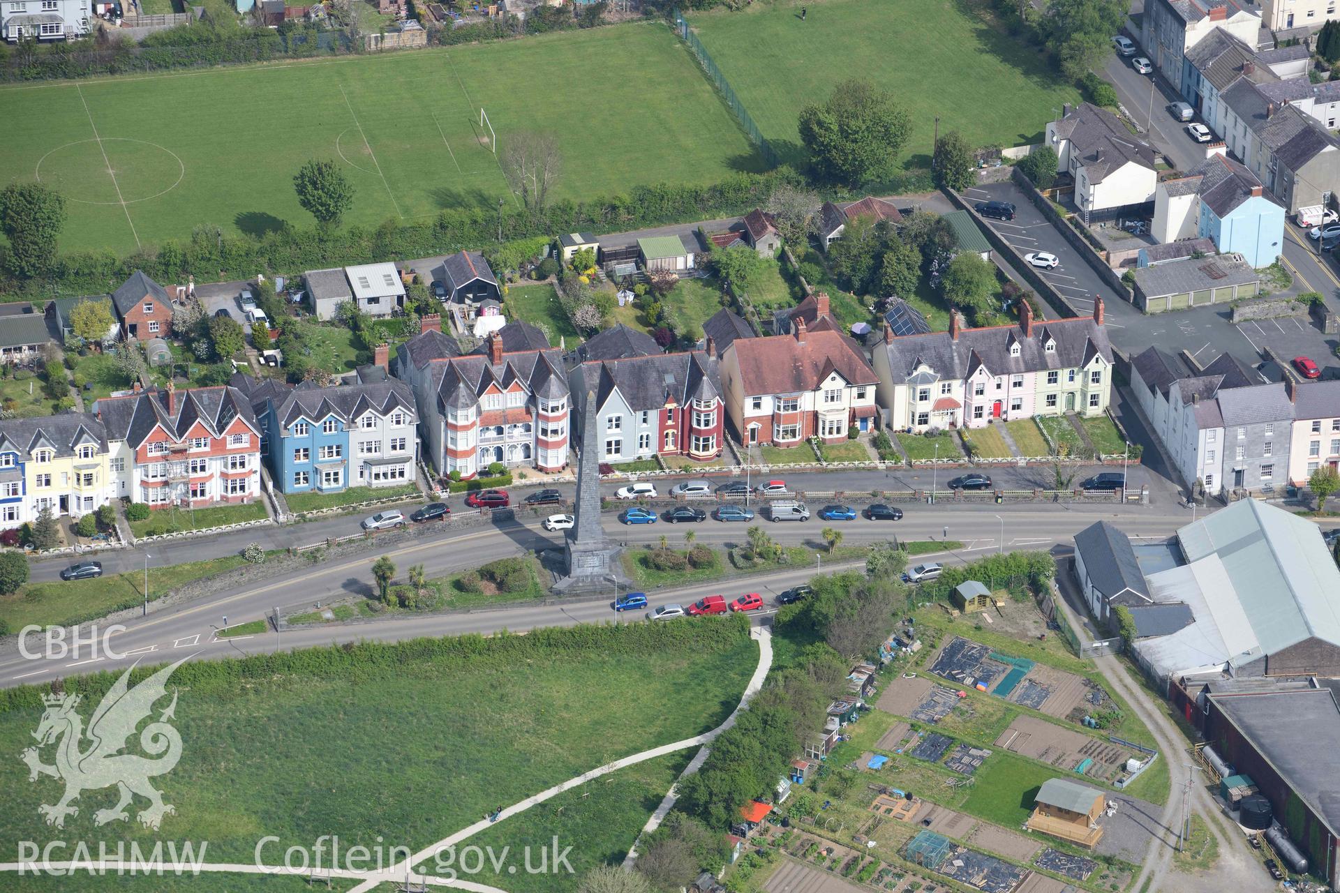 The Picton monument, Carmarthen. Oblique aerial photograph taken during the Royal Commission's programme of archaeological aerial reconnaissance by Toby Driver on 29 April 2022.