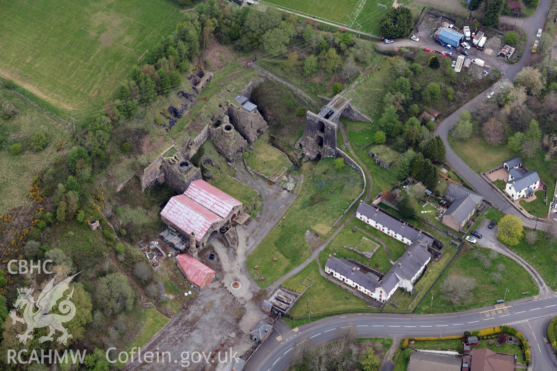 Blaenavon Ironworks. Oblique aerial photograph taken during the Royal Commission's programme of archaeological aerial reconnaissance by Toby Driver on 29 April 2022.