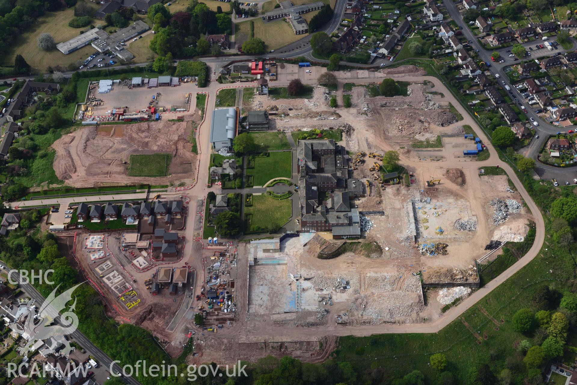 Caerleon campus, following demolition. Oblique aerial photograph taken during the Royal Commission's programme of archaeological aerial reconnaissance by Toby Driver on 29 April 2022.