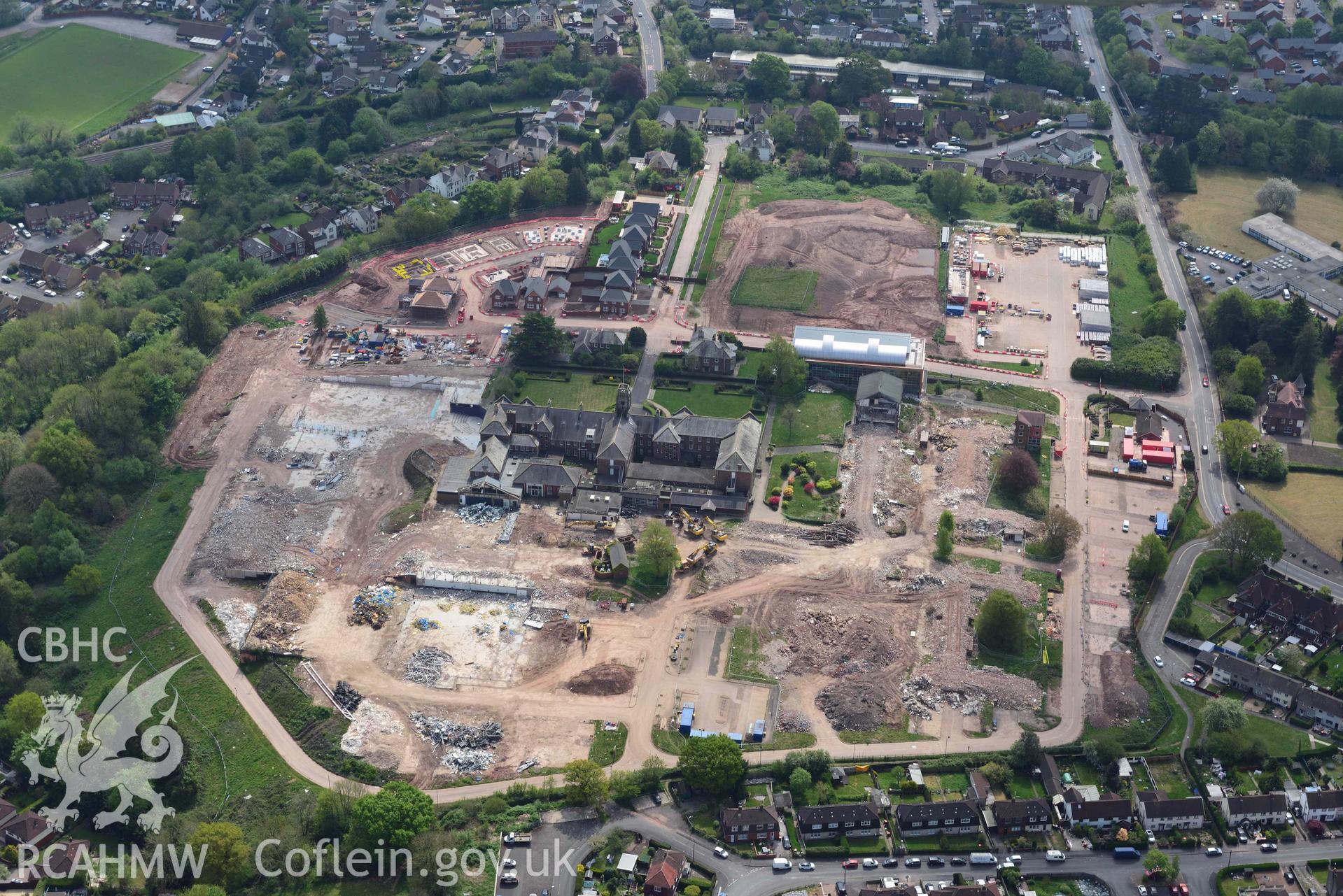 Caerleon campus, following demolition. Oblique aerial photograph taken during the Royal Commission's programme of archaeological aerial reconnaissance by Toby Driver on 29 April 2022.