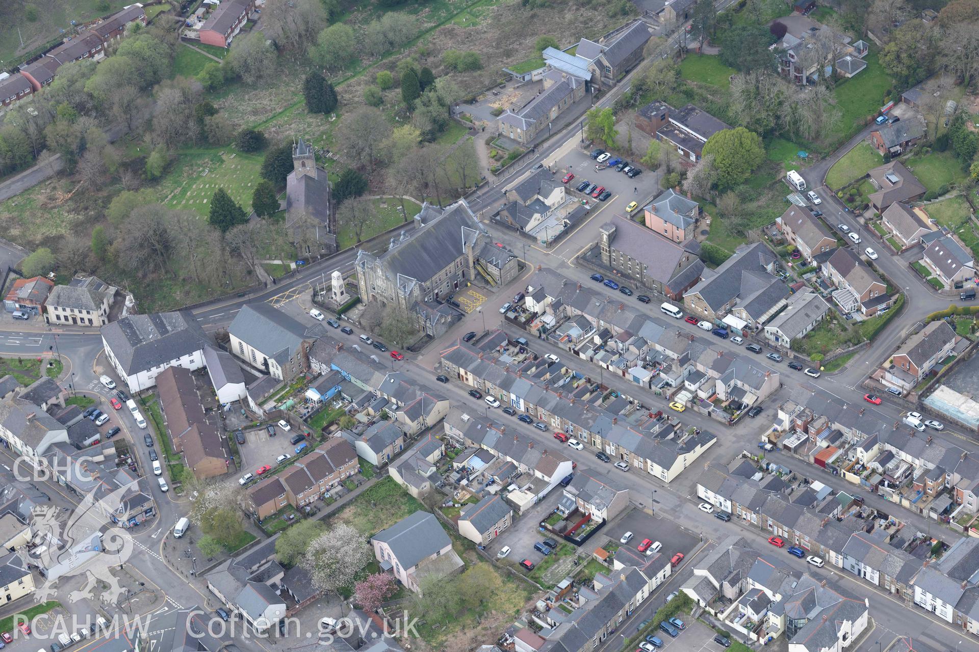 Blaenavon town, view looking south west. Oblique aerial photograph taken during the Royal Commission's programme of archaeological aerial reconnaissance by Toby Driver on 29 April 2022.