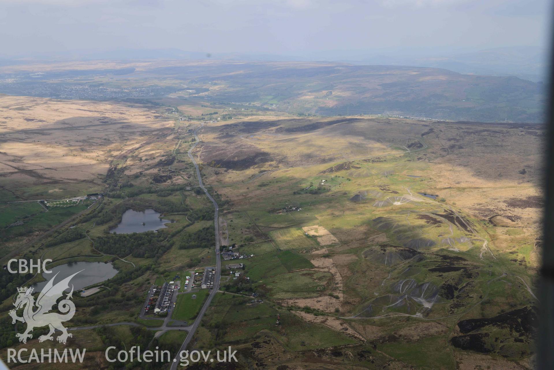 Blaenavon World Heritage site area; looking North West over Garn yr erw. Oblique aerial photograph taken during the Royal Commission's programme of archaeological aerial reconnaissance by Toby Driver on 29 April 2022.