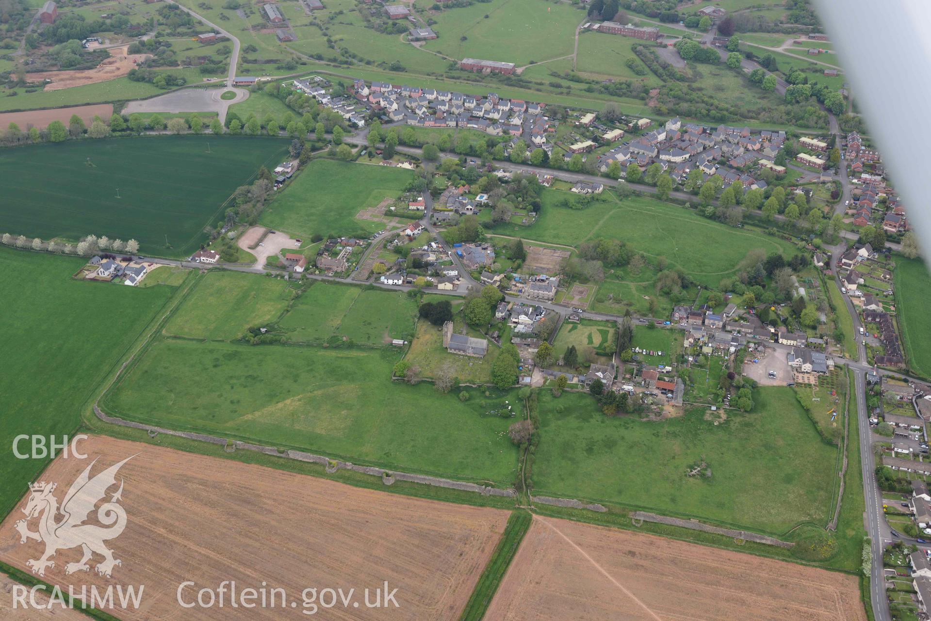 Caerwent Roman City, from the south. Oblique aerial photograph taken during the Royal Commission's programme of archaeological aerial reconnaissance by Toby Driver on 29 April 2022.