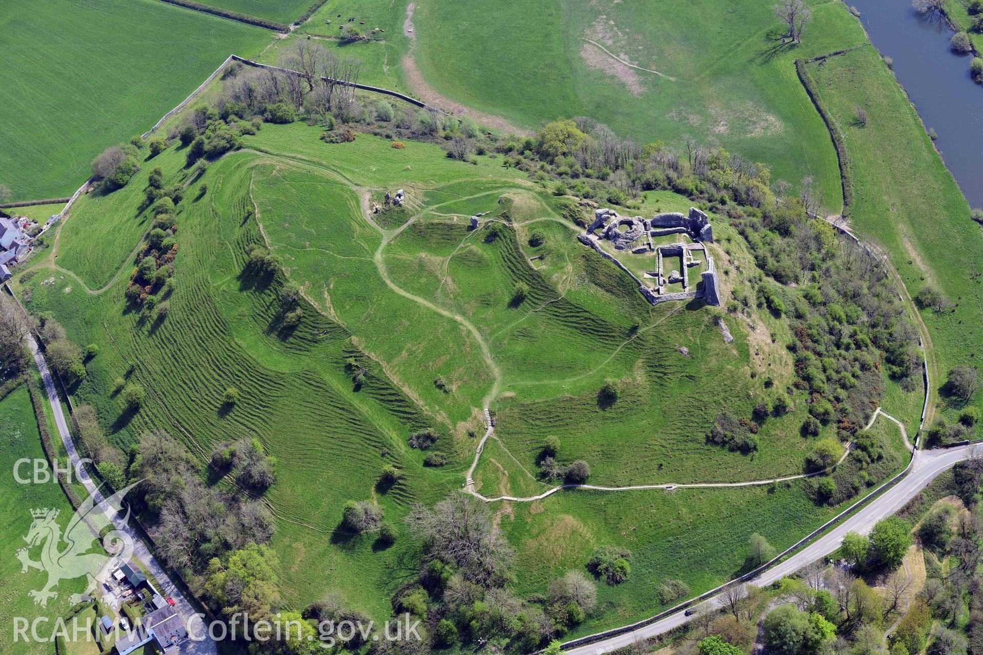 Dryslwyn Castle. Oblique aerial photograph taken during the Royal Commission's programme of archaeological aerial reconnaissance by Toby Driver on 29 April 2022.