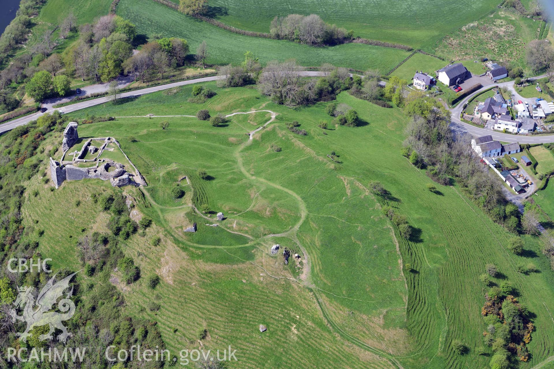 Dryslwyn Castle. Oblique aerial photograph taken during the Royal Commission's programme of archaeological aerial reconnaissance by Toby Driver on 29 April 2022.