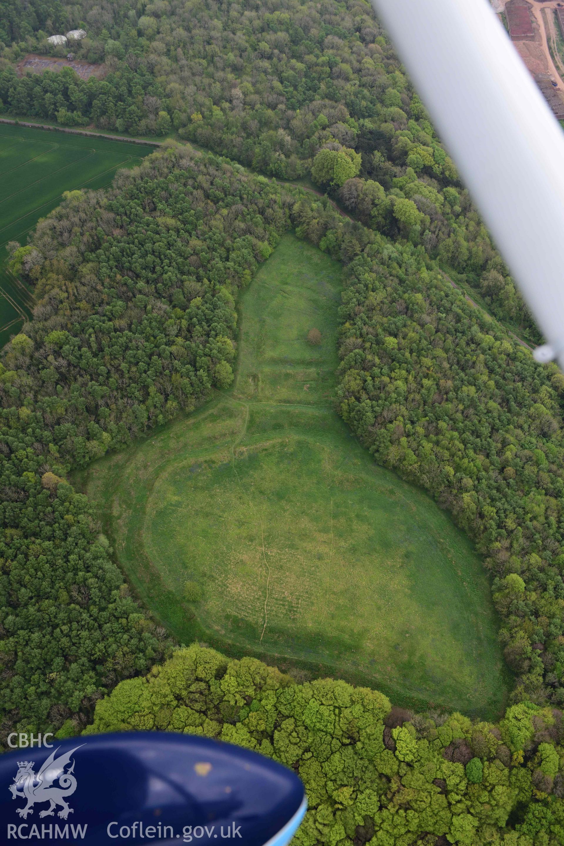 Llanmelin Wood Hillfort. Oblique aerial photograph taken during the Royal Commission's programme of archaeological aerial reconnaissance by Toby Driver on 29 April 2022.