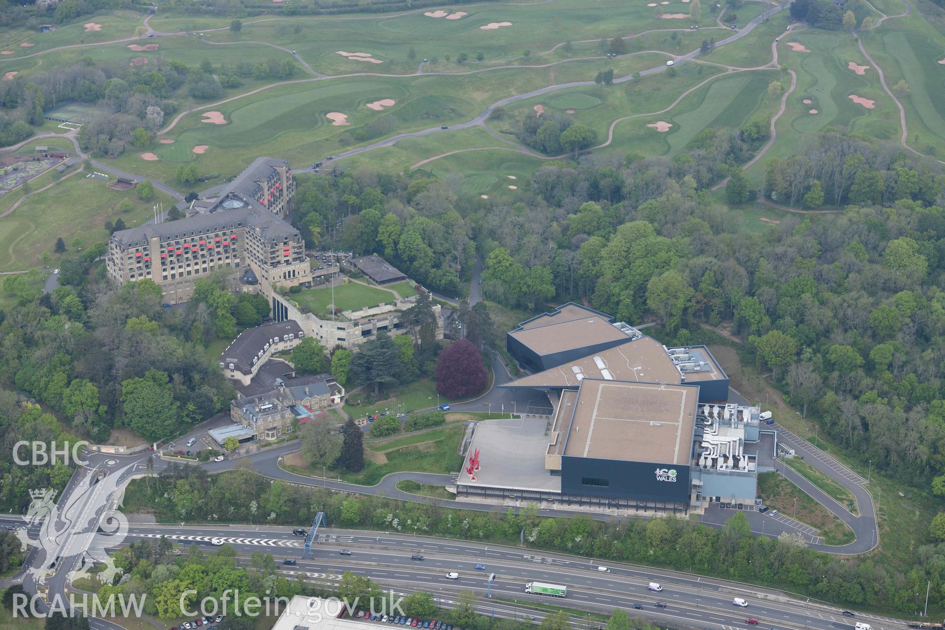 Celtic Manor Resort, with Coldra House and ICE Wales. Oblique aerial photograph taken during the Royal Commission's programme of archaeological aerial reconnaissance by Toby Driver on 29 April 2022.