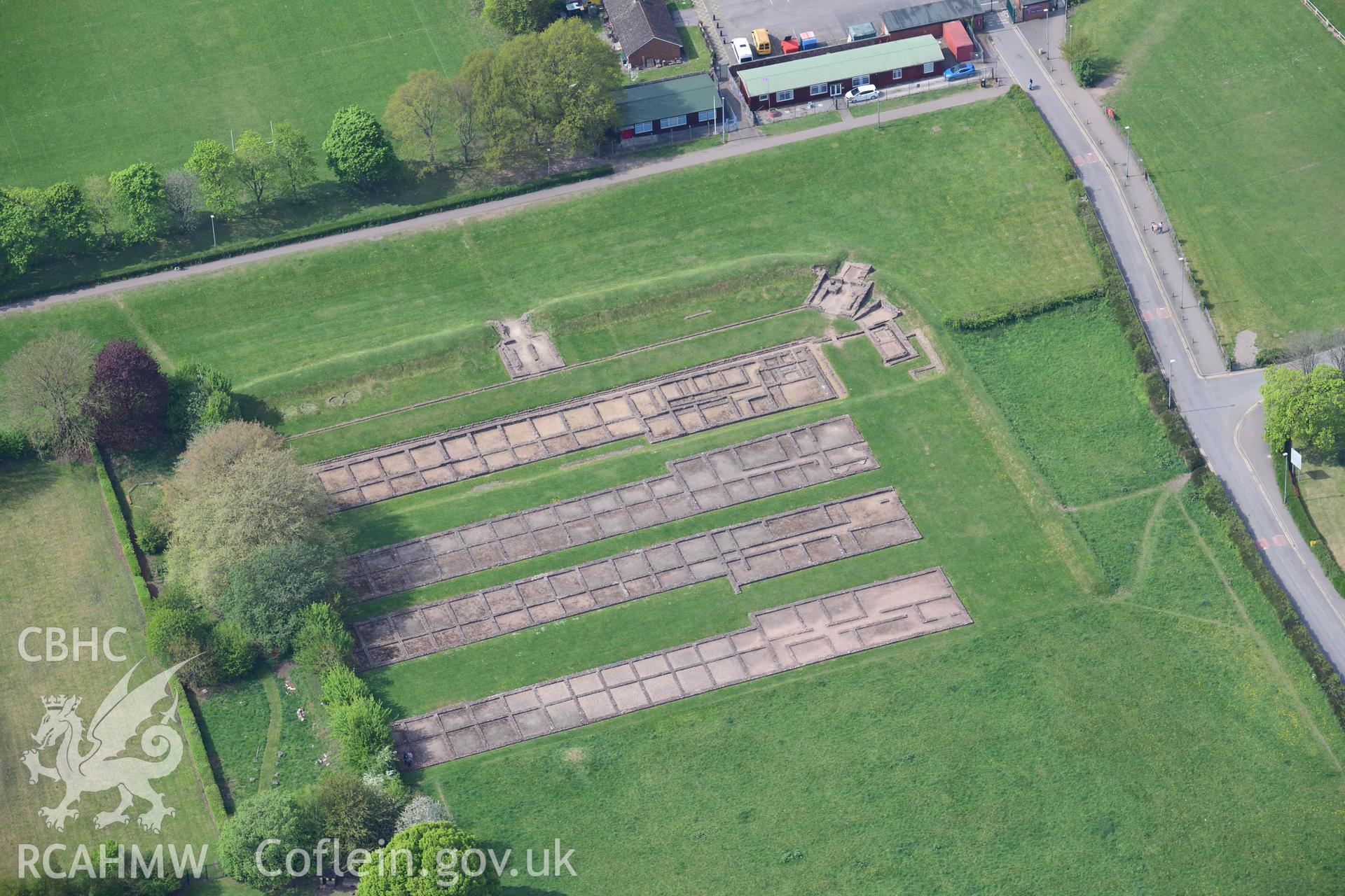 Caerleon, Prysg field barracks. Oblique aerial photograph taken during the Royal Commission's programme of archaeological aerial reconnaissance by Toby Driver on 29 April 2022.