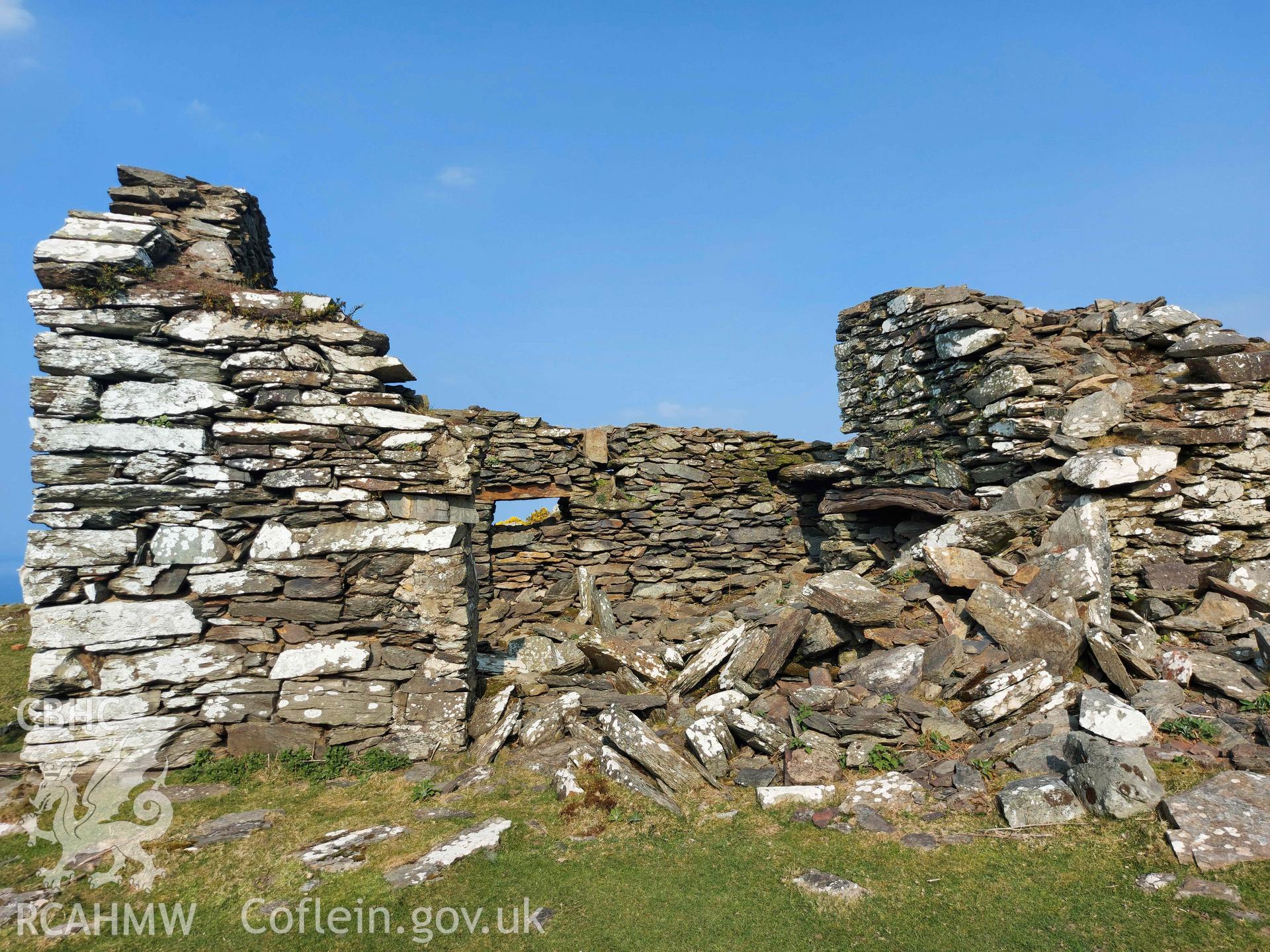 Photograph showing Cell-Fechan, Barmouth, one of the farmstead ruins in the Ardudwy area surveyed by volunteers between November 2020 and November 2023, as part of Prosiect Treftadaeth Harlech ac Ardudwy. ‘Murddunnod Coll’ project.