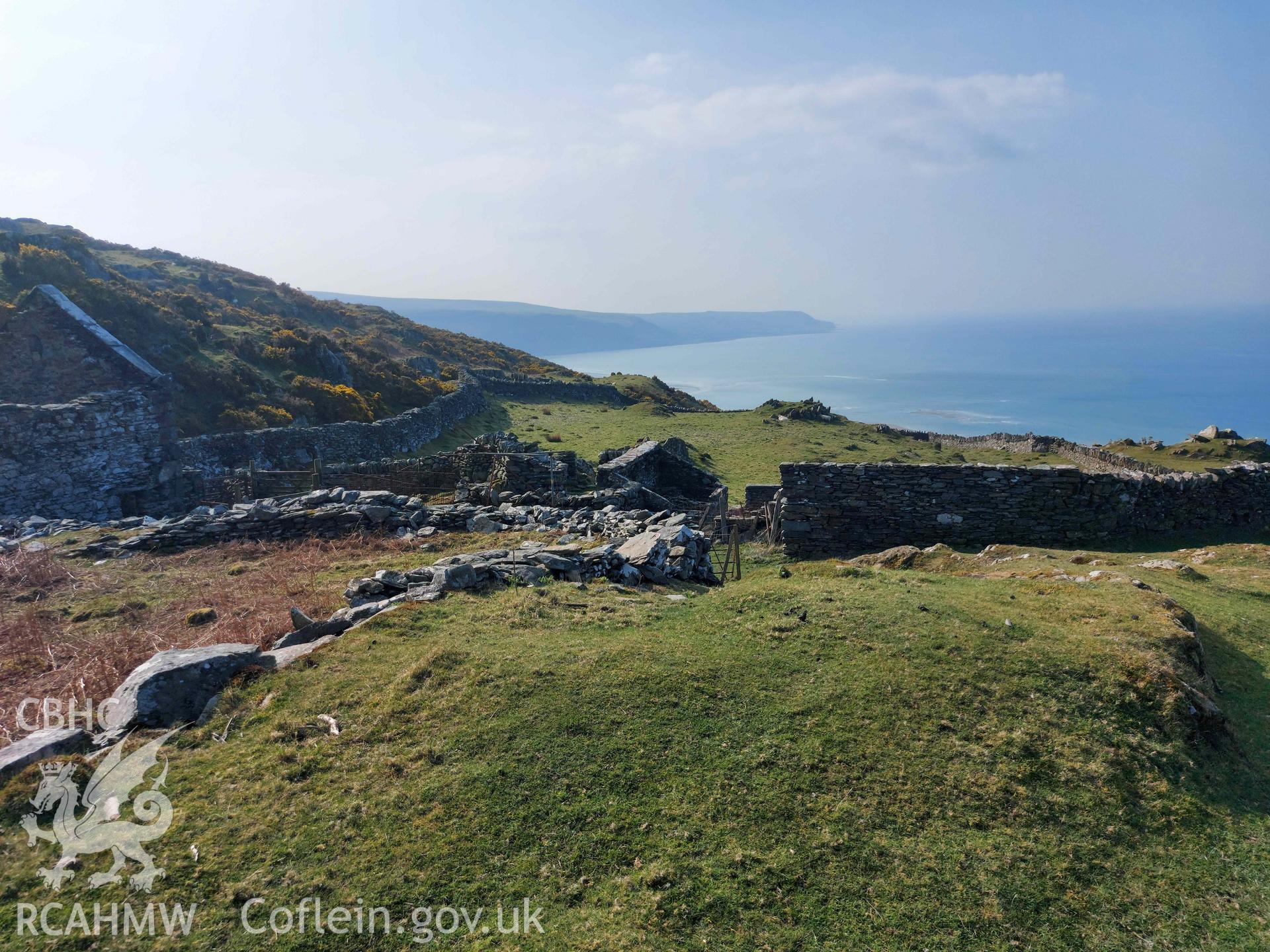 Aerial photograph showing Cystyllan, Dyffryn Ardudwy, one of the farmstead ruins in the Ardudwy area surveyed by volunteers between November 2020 and November 2023, as part of Prosiect Treftadaeth Harlech ac Ardudwy. ‘Murddunnod Coll’ project.