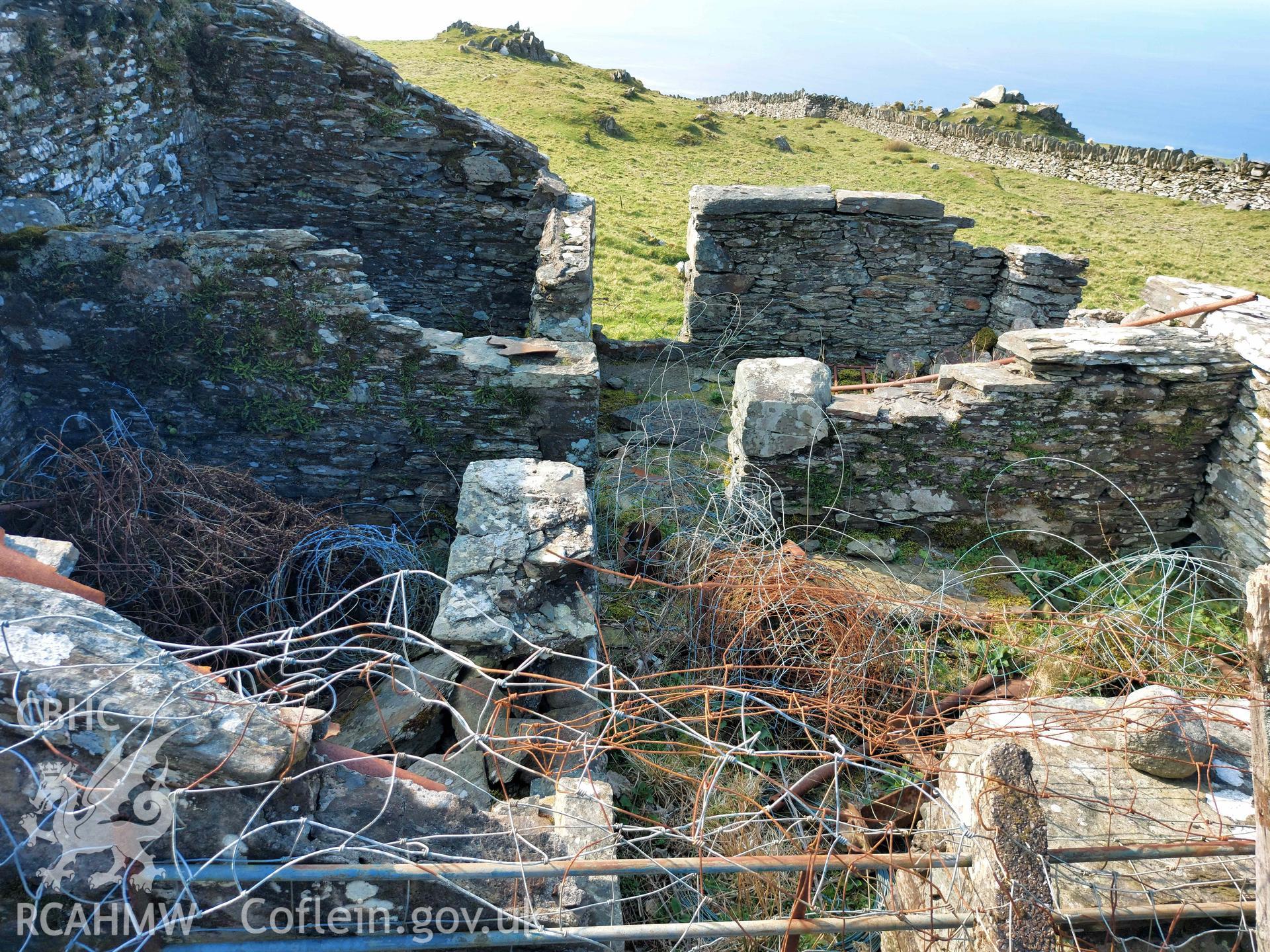 Photograph showing Cell-Fechan, Barmouth, one of the farmstead ruins in the Ardudwy area surveyed by volunteers between November 2020 and November 2023, as part of Prosiect Treftadaeth Harlech ac Ardudwy. ‘Murddunnod Coll’ project.