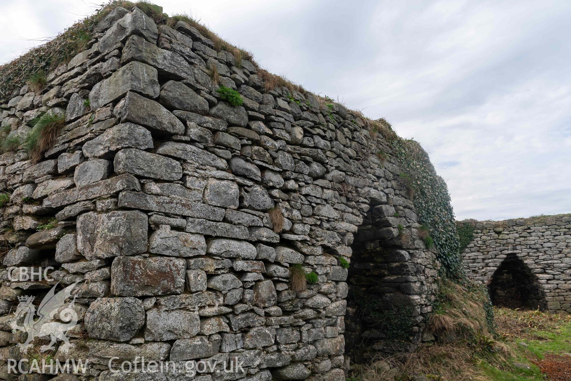 Kiln 2, north elevation. Part of photographic survey of Aberstrincell lime kilns and coal yard, conducted by Louise Barker of the RCAHMW survey team on 21 March 2024.