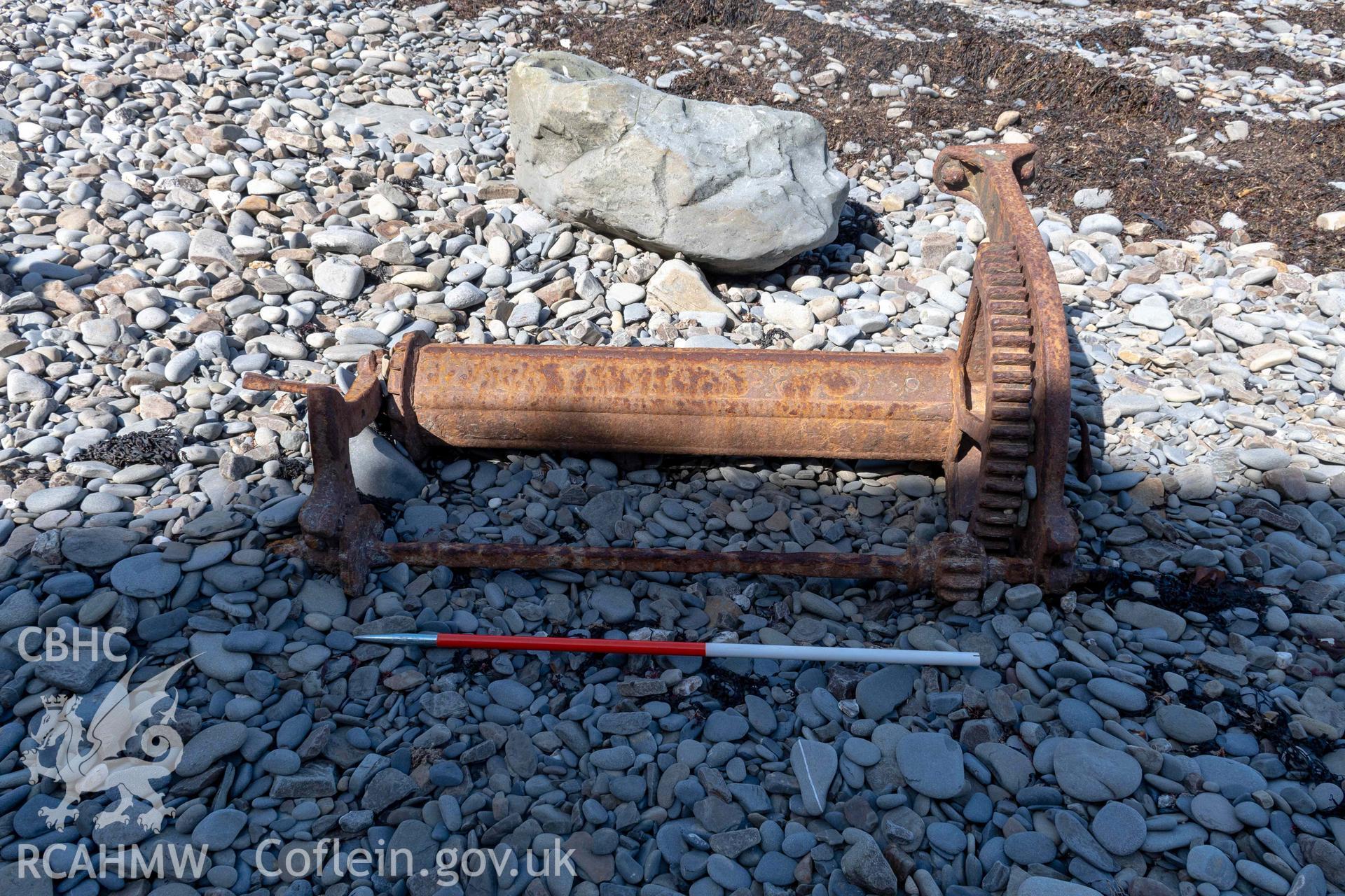 Winch, Aberstrincell from the south (with scale). Part of photographic survey of Aberstrincell lime kilns and coal yard, conducted by Louise Barker of the RCAHMW survey team on 21 March 2024.