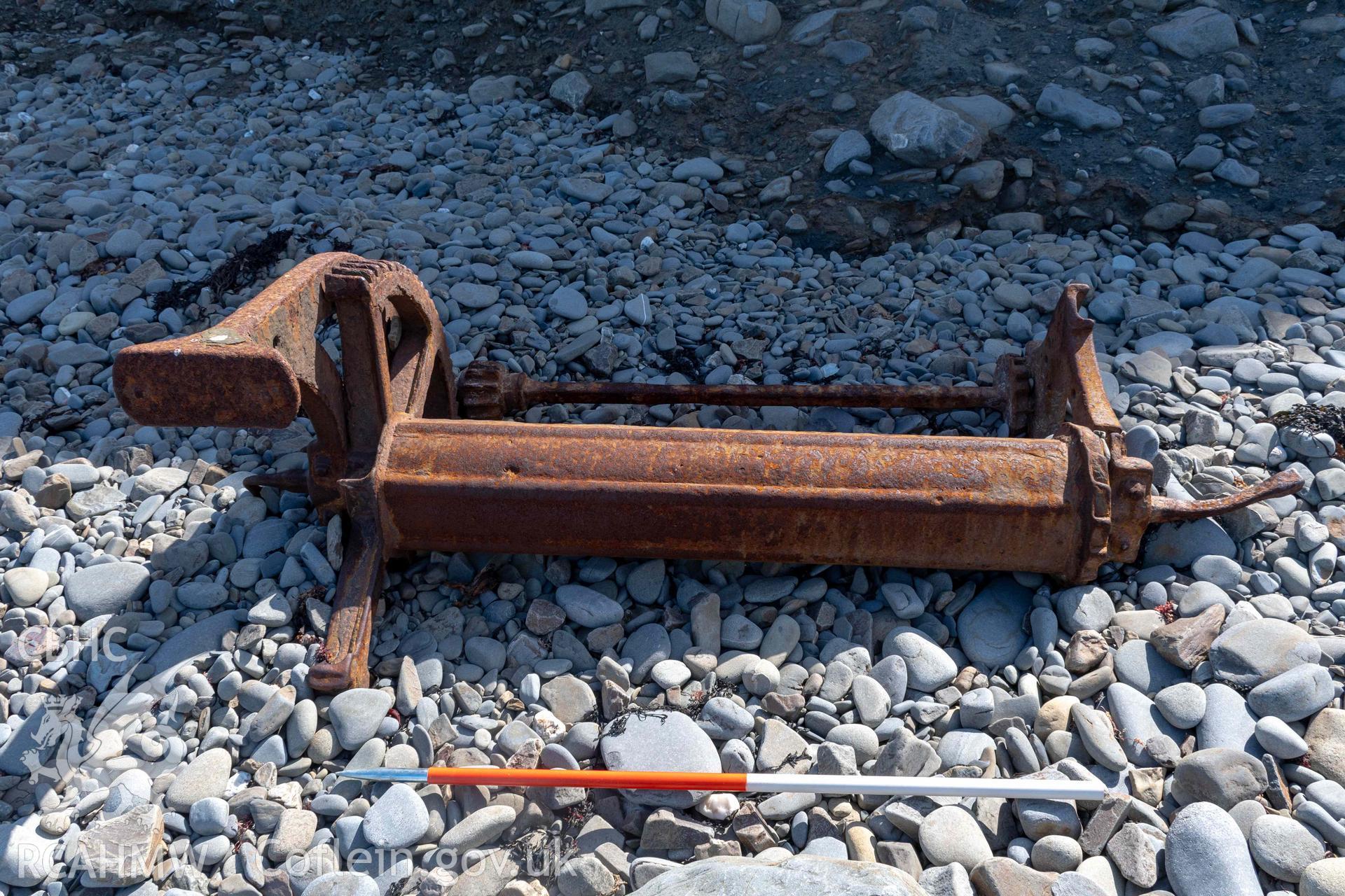 Winch, Aberstrincell from the north (with scale). Part of photographic survey of Aberstrincell lime kilns and coal yard, conducted by Louise Barker of the RCAHMW survey team on 21 March 2024.