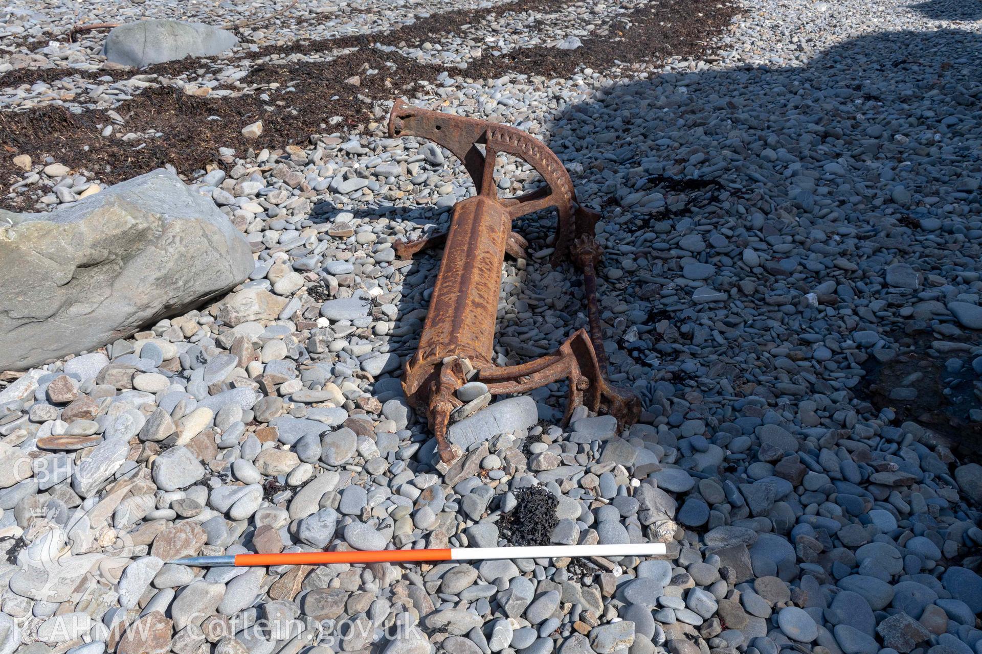 Winch, Aberstrincell from the west (with scale). Part of photographic survey of Aberstrincell lime kilns and coal yard, conducted by Louise Barker of the RCAHMW survey team on 21 March 2024.