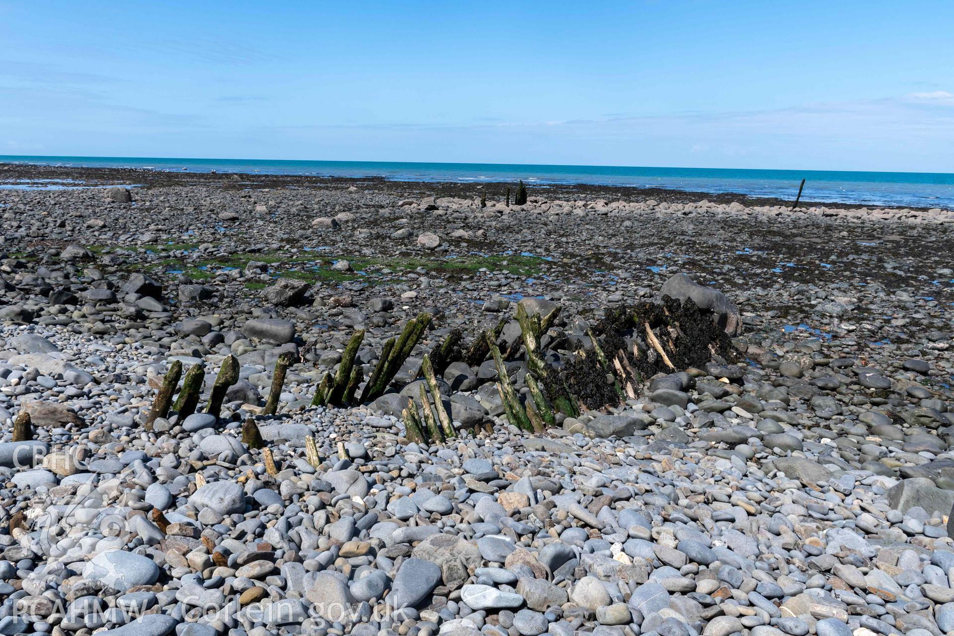 Groyne (SN5174168334) , Aberstrincell, looking northwest. Part of photographic survey of Aberstrincell lime kilns and coal yard, conducted by Louise Barker of the RCAHMW survey team on 21 March 2024.