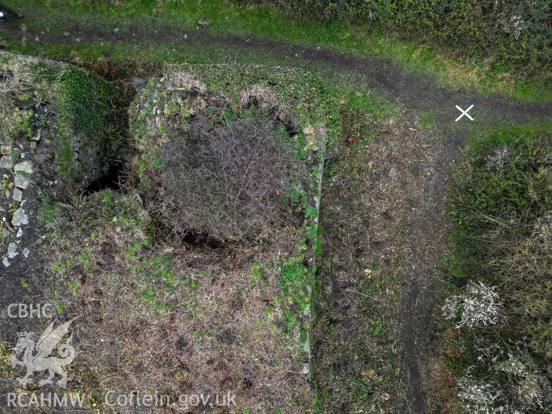 Lime kiln 4 crucible from above. Part of photographic survey of Aberstrincell lime kilns and coal yard, conducted by Louise Barker of the RCAHMW survey team on 21 March 2024.