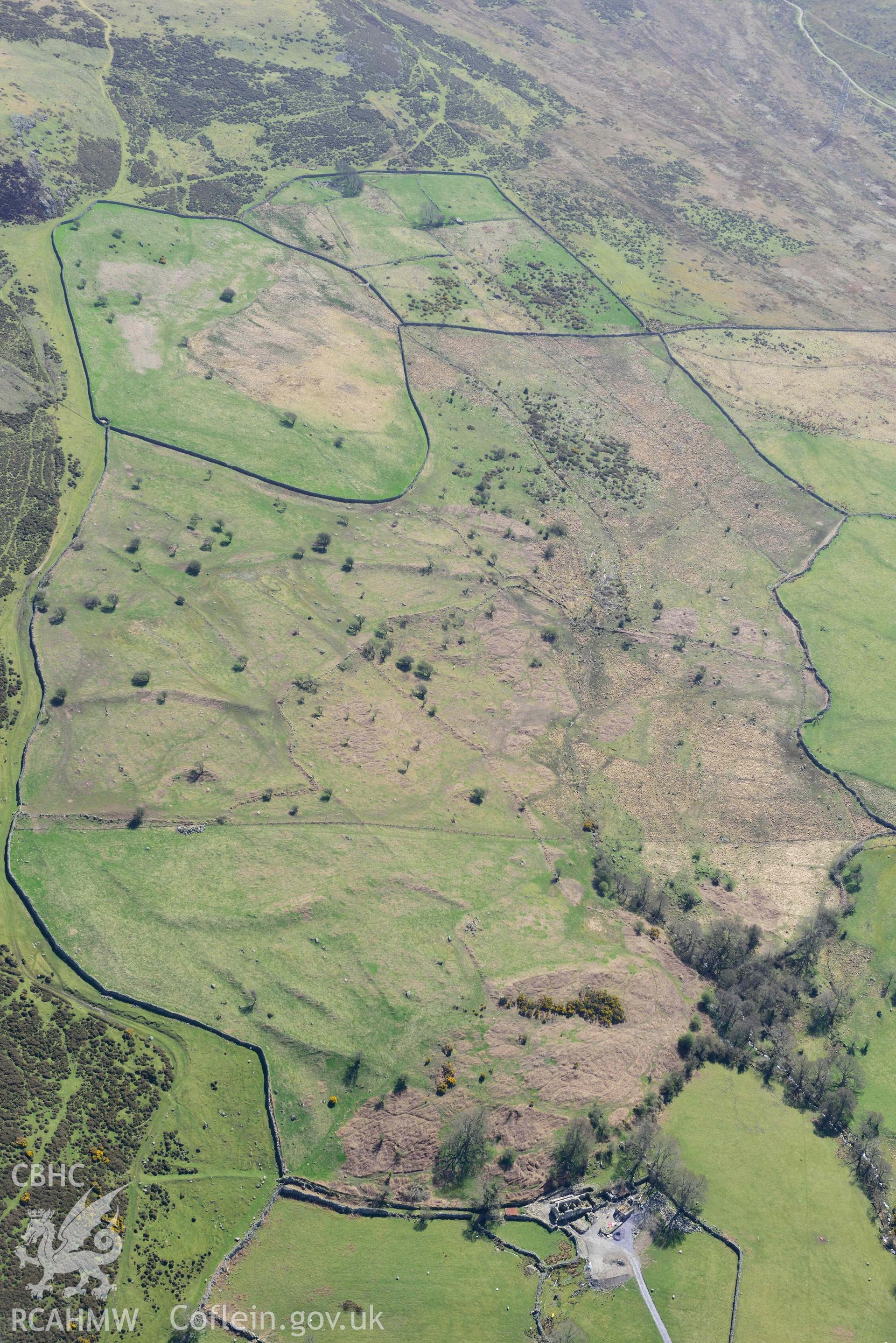 Garreg Fawr field system, view from north-west. Oblique aerial photograph taken during the Royal Commission’s programme of archaeological aerial reconnaissance by Toby Driver on 20 April 2018.