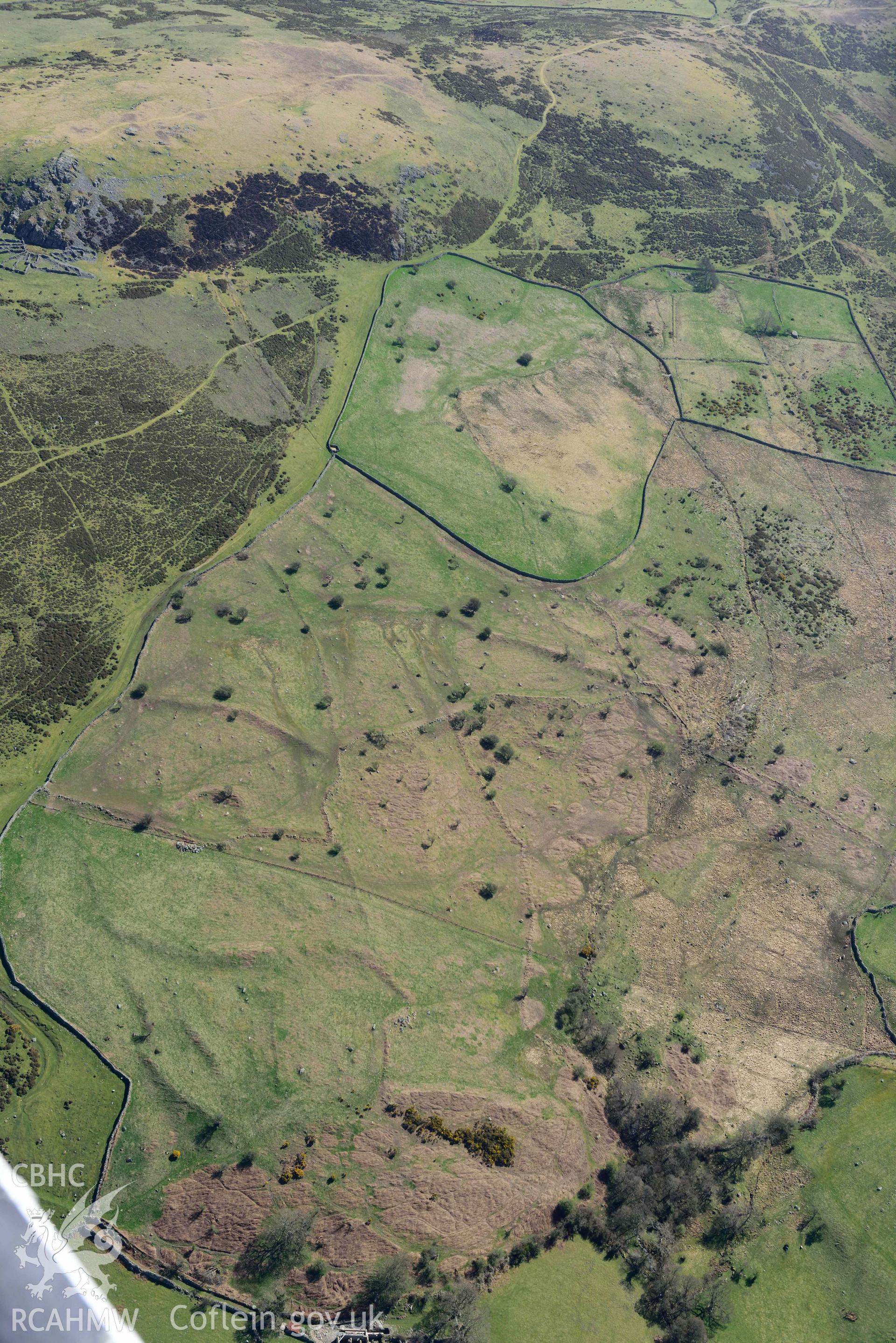 Garreg Fawr field system, view from north-west. Oblique aerial photograph taken during the Royal Commission’s programme of archaeological aerial reconnaissance by Toby Driver on 20 April 2018.