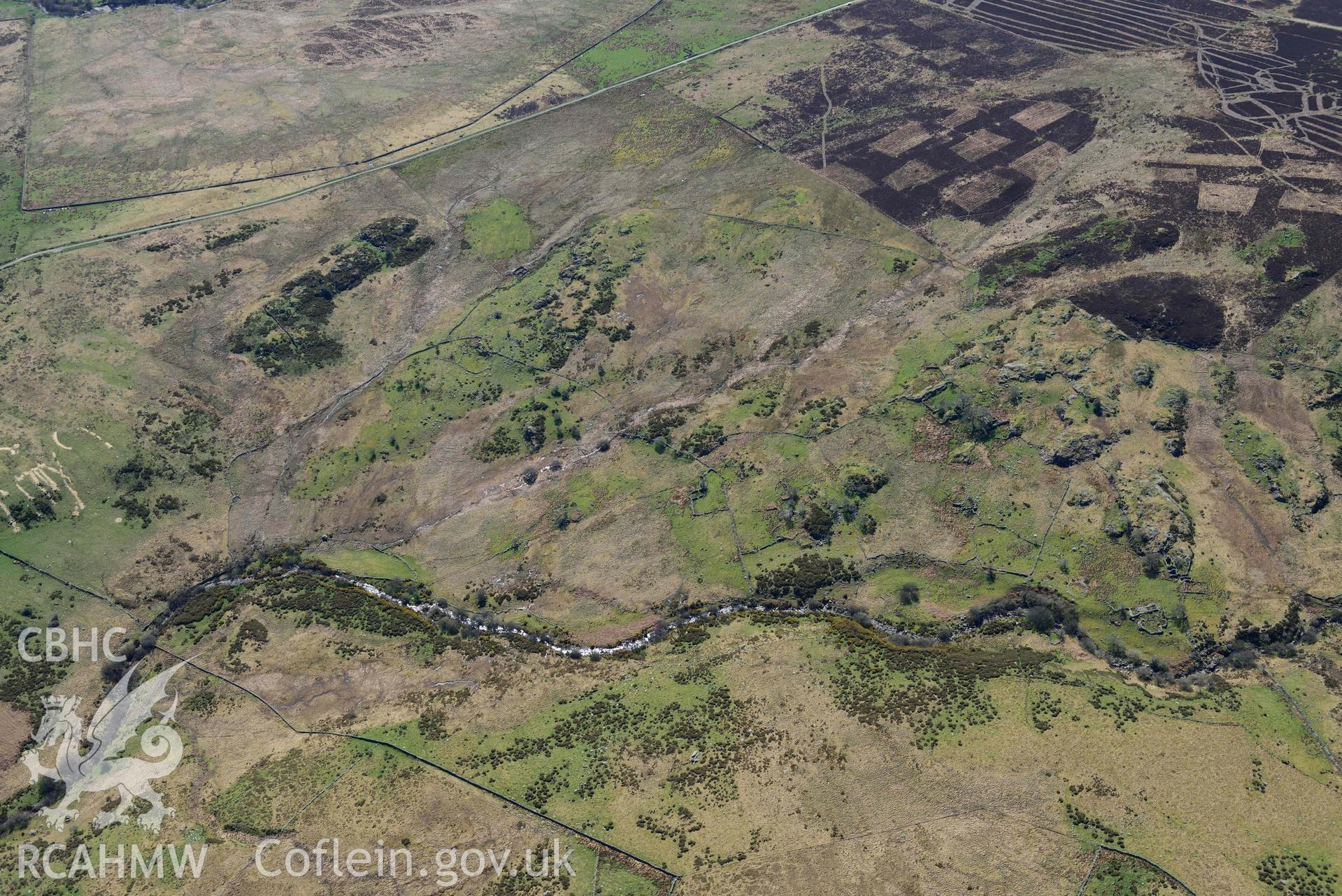 Hafod-y-Garreg, deserted rural settlement, from north. Oblique aerial photograph taken during the Royal Commission’s programme of archaeological aerial reconnaissance by Toby Driver on 20 April 2018.