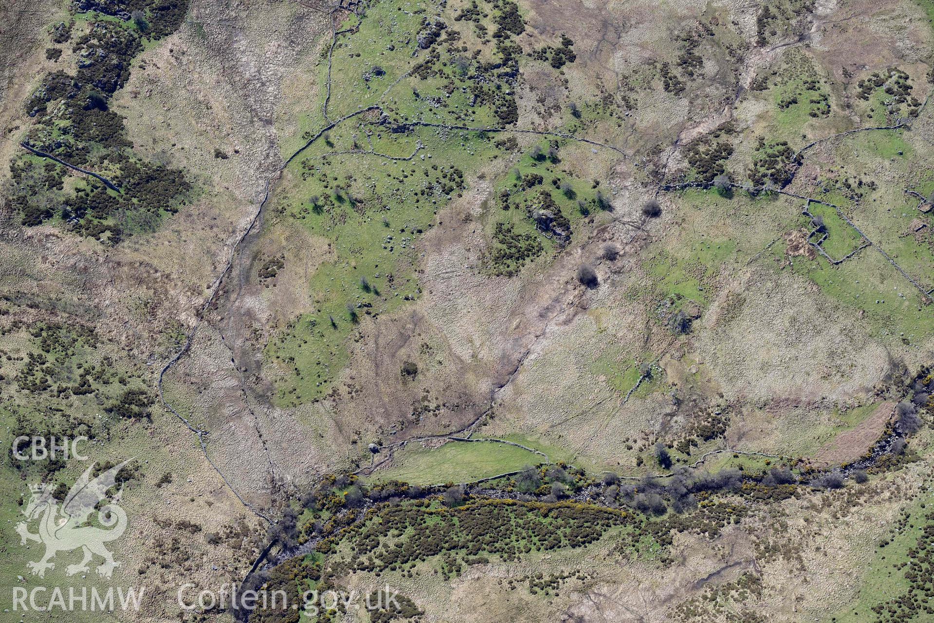 Hafod-y-Garreg, deserted rural settlement, from north. Oblique aerial photograph taken during the Royal Commission’s programme of archaeological aerial reconnaissance by Toby Driver on 20 April 2018.