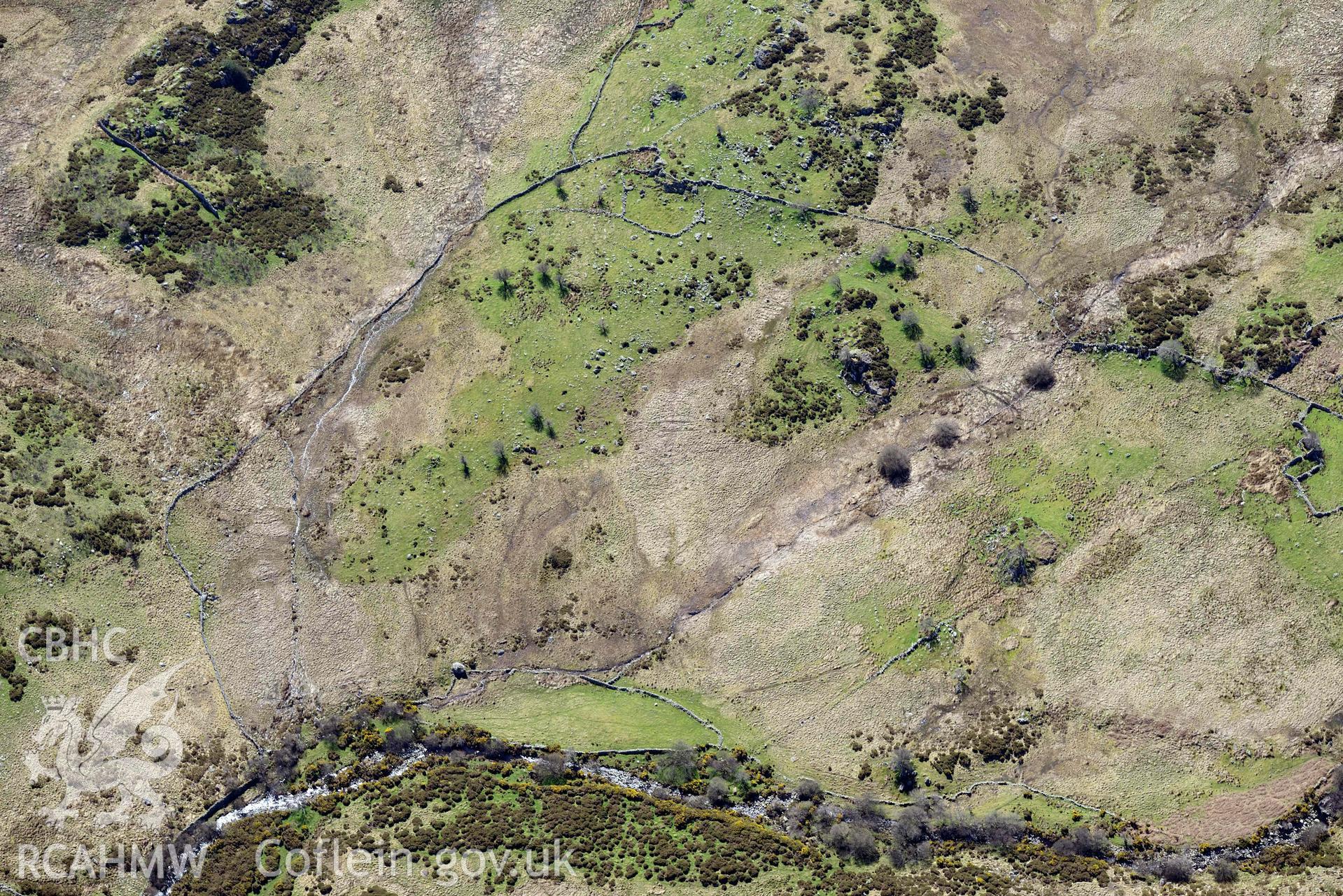 Hafod-y-Garreg, deserted rural settlement, from north. Oblique aerial photograph taken during the Royal Commission’s programme of archaeological aerial reconnaissance by Toby Driver on 20 April 2018.
