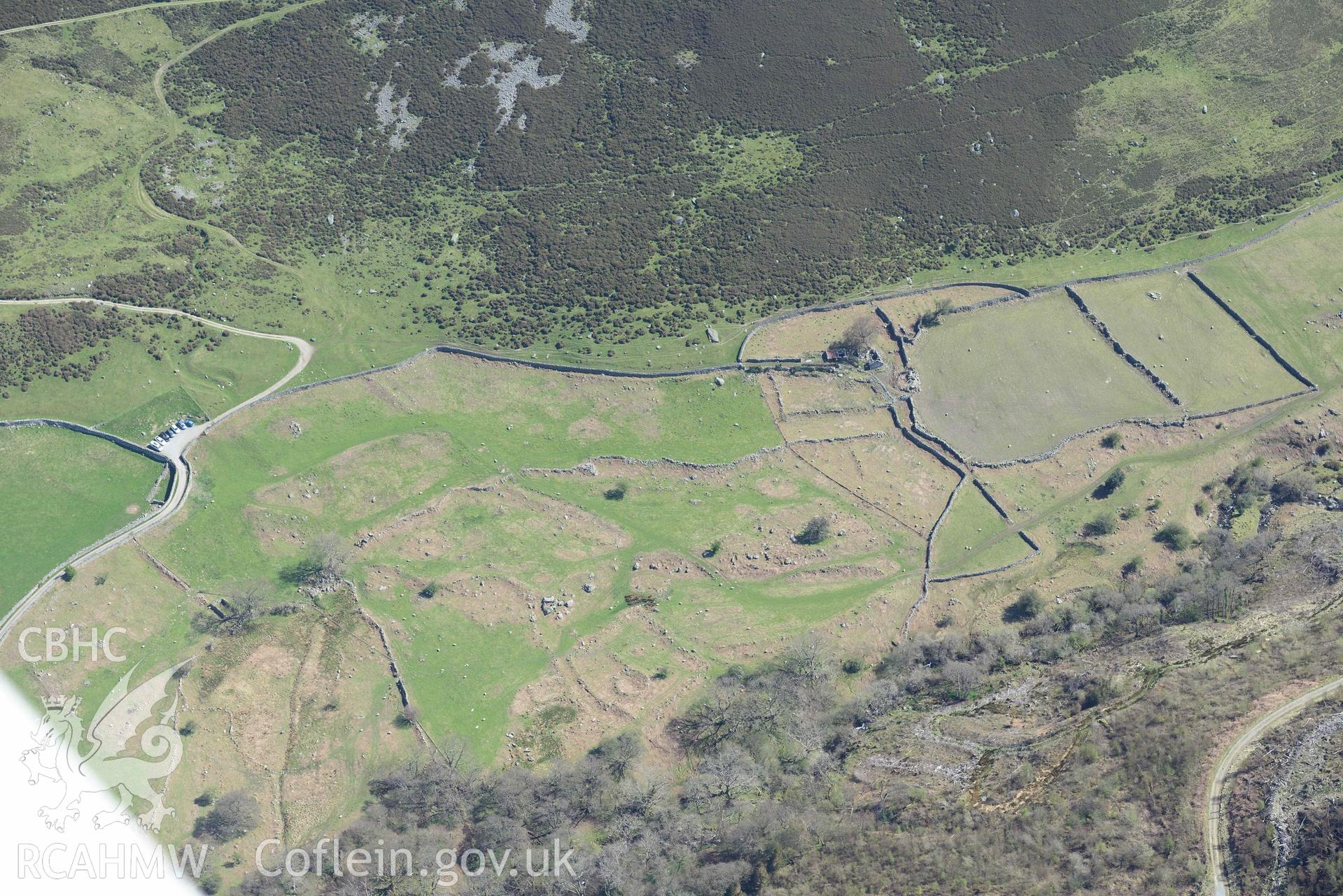 Hafod y Gelyn hut group and settlement. Oblique aerial photograph taken during the Royal Commission’s programme of archaeological aerial reconnaissance by Toby Driver on 20 April 2018.