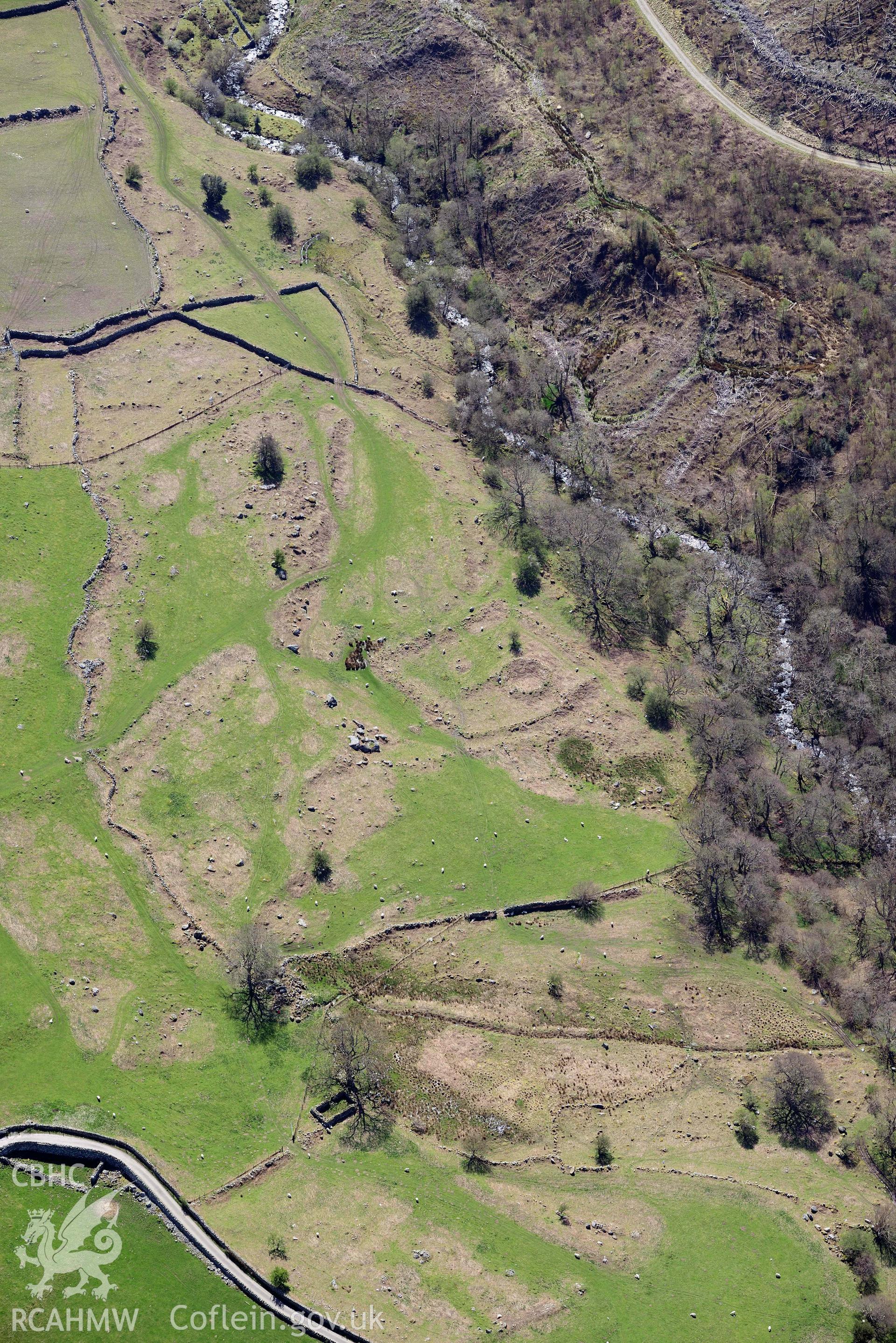 Hafod y Gelyn hut group and settlement. Oblique aerial photograph taken during the Royal Commission’s programme of archaeological aerial reconnaissance by Toby Driver on 20 April 2018.