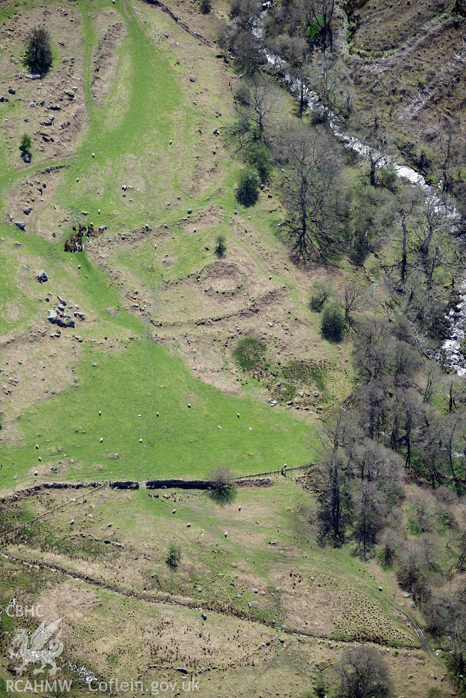 Hafod y Gelyn hut group and settlement. Oblique aerial photograph taken during the Royal Commission’s programme of archaeological aerial reconnaissance by Toby Driver on 20 April 2018.