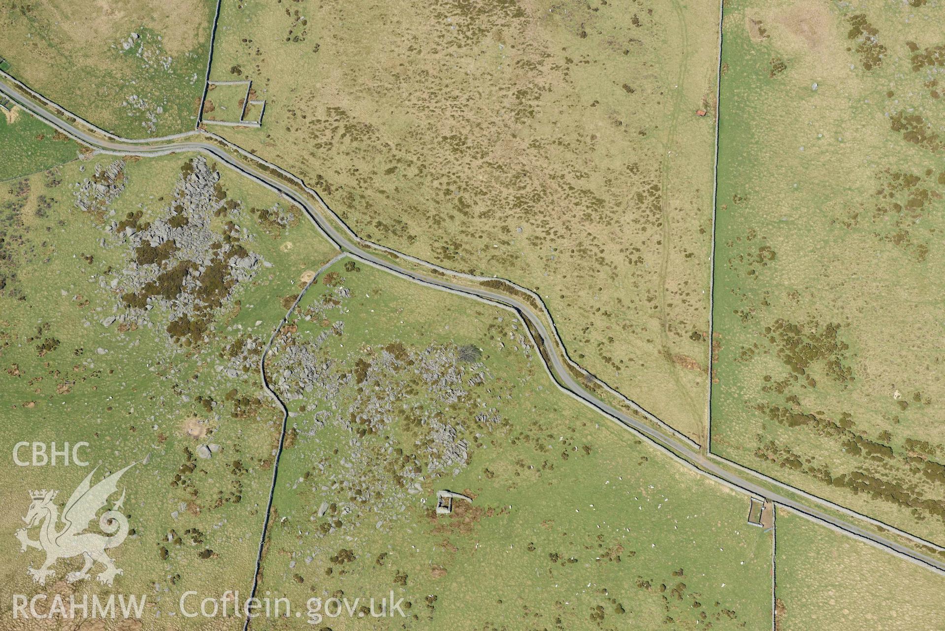 Bwlch y Ddeufaen, line of Roman road. Oblique aerial photograph taken during the Royal Commission’s programme of archaeological aerial reconnaissance by Toby Driver on 20 April 2018.