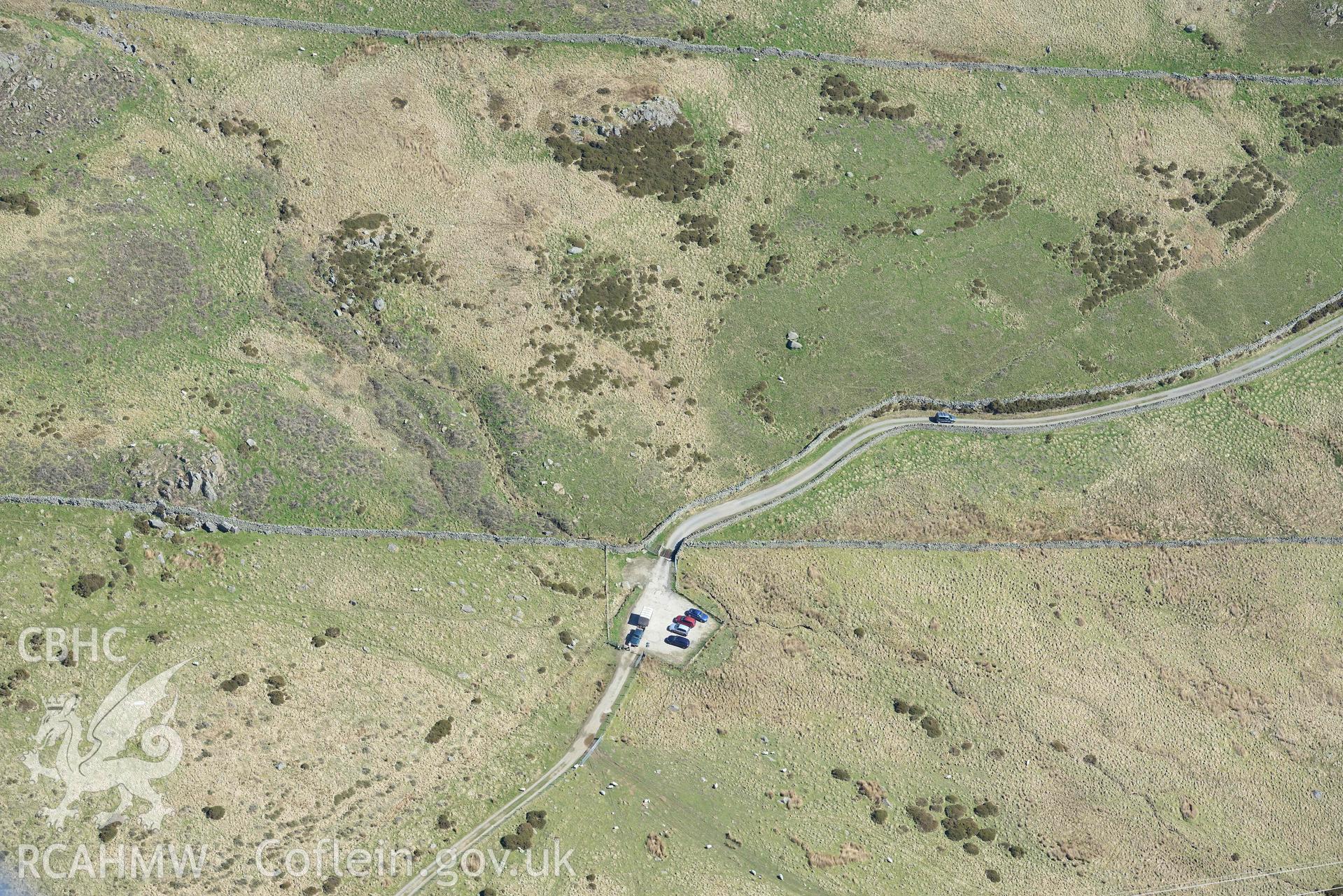 Bwlch y Ddeufaen, line of Roman road. Oblique aerial photograph taken during the Royal Commission’s programme of archaeological aerial reconnaissance by Toby Driver on 20 April 2018.