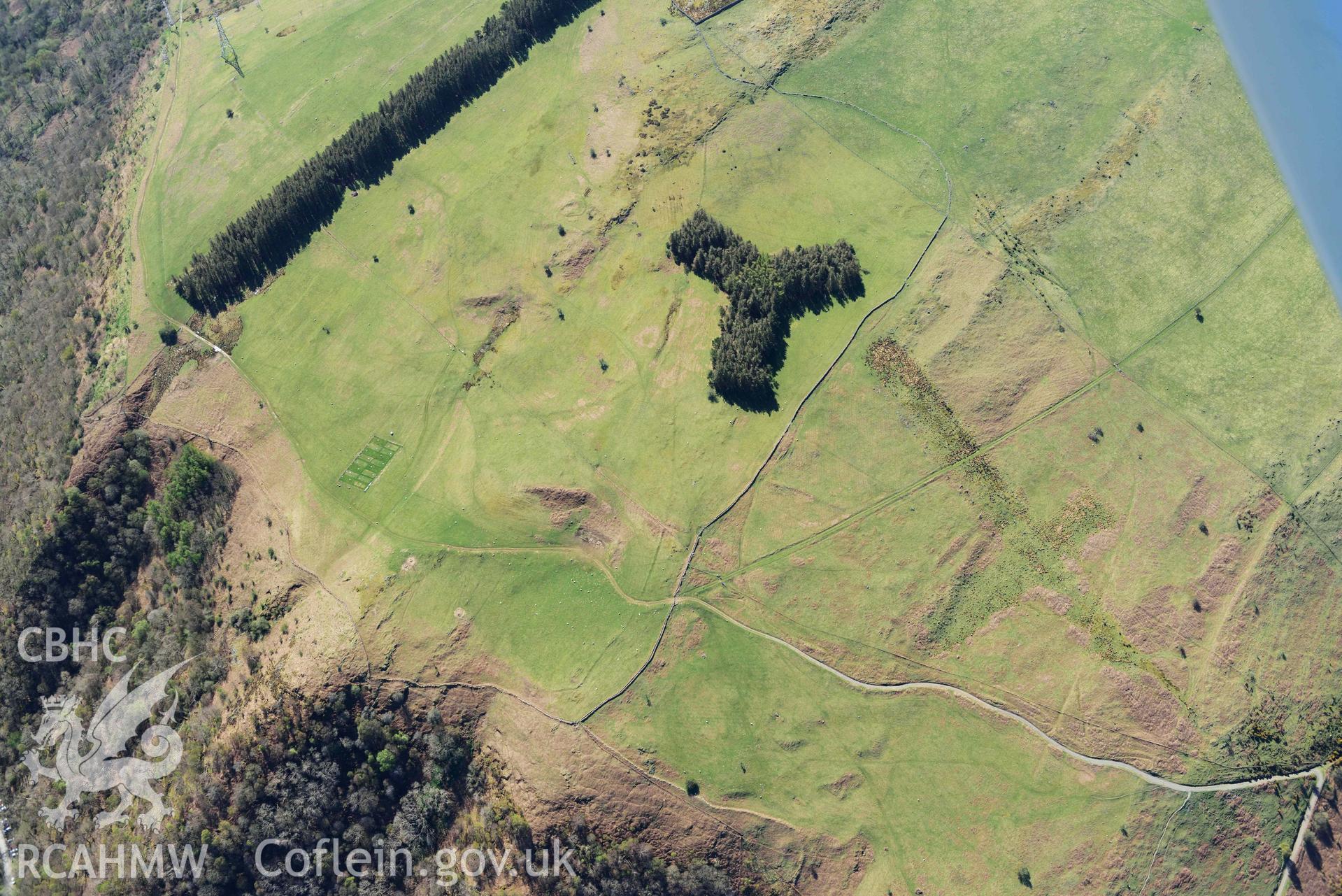 Ffridd ddu field system, landscape view from north. Oblique aerial photograph taken during the Royal Commission’s programme of archaeological aerial reconnaissance by Toby Driver on 20 April 2018.