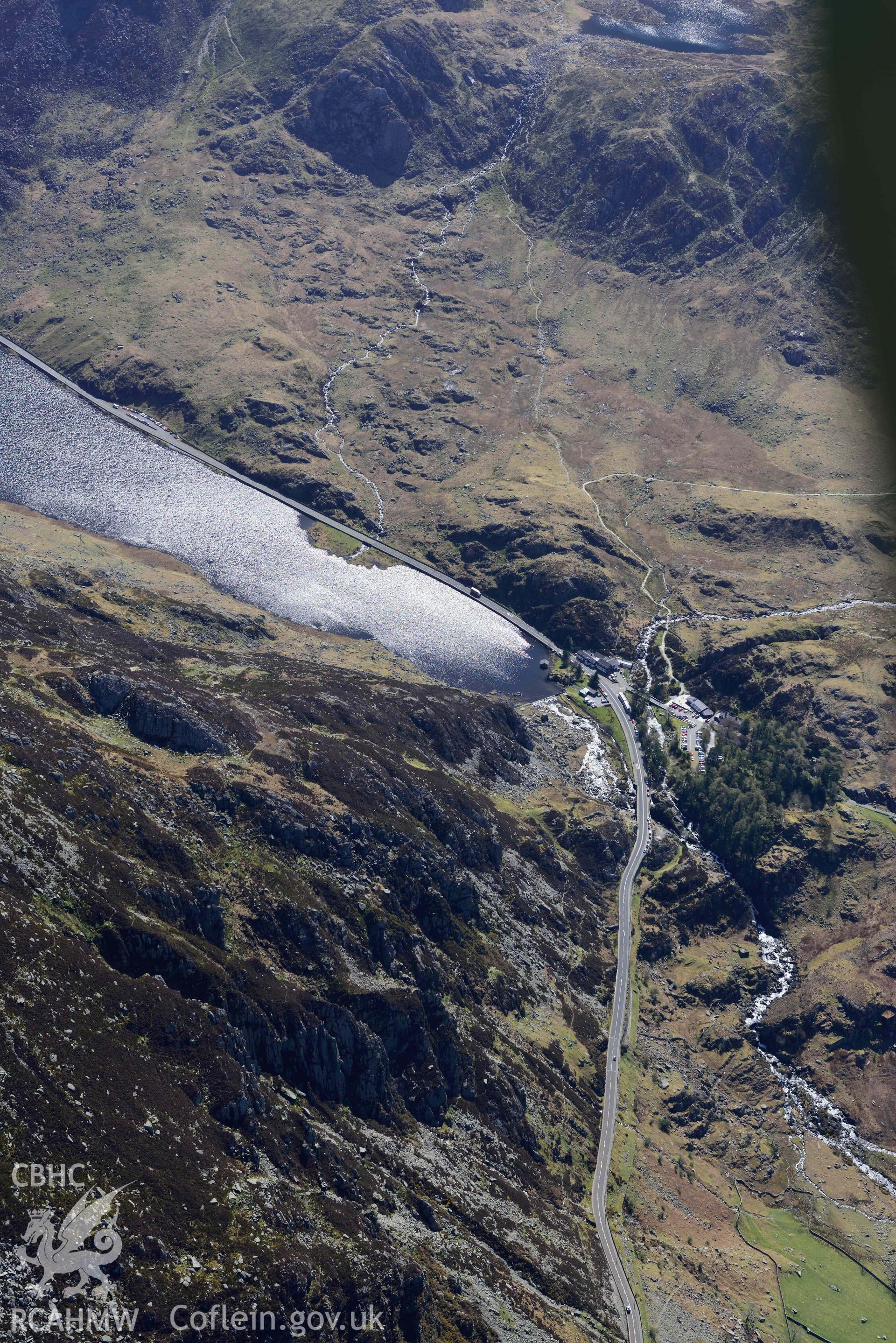 A5 Holyhead Road at Ogwen Pass, and anti-invasion defences. Oblique aerial photograph taken during the Royal Commission’s programme of archaeological aerial reconnaissance by Toby Driver on 20 April 2018.