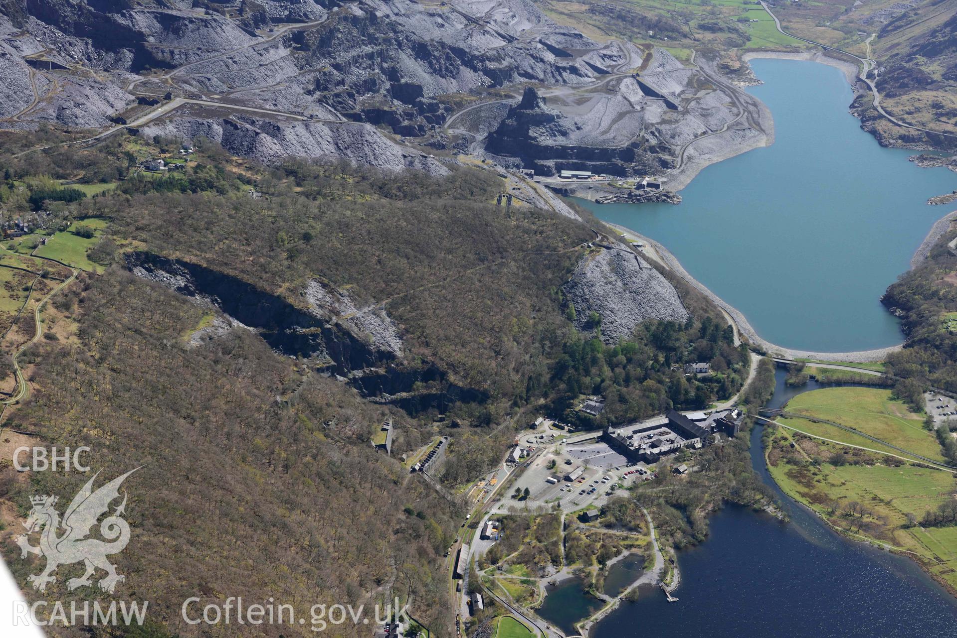 Vivian Slate Quarry, view from west. Oblique aerial photograph taken during the Royal Commission’s programme of archaeological aerial reconnaissance by Toby Driver on 20 April 2018.