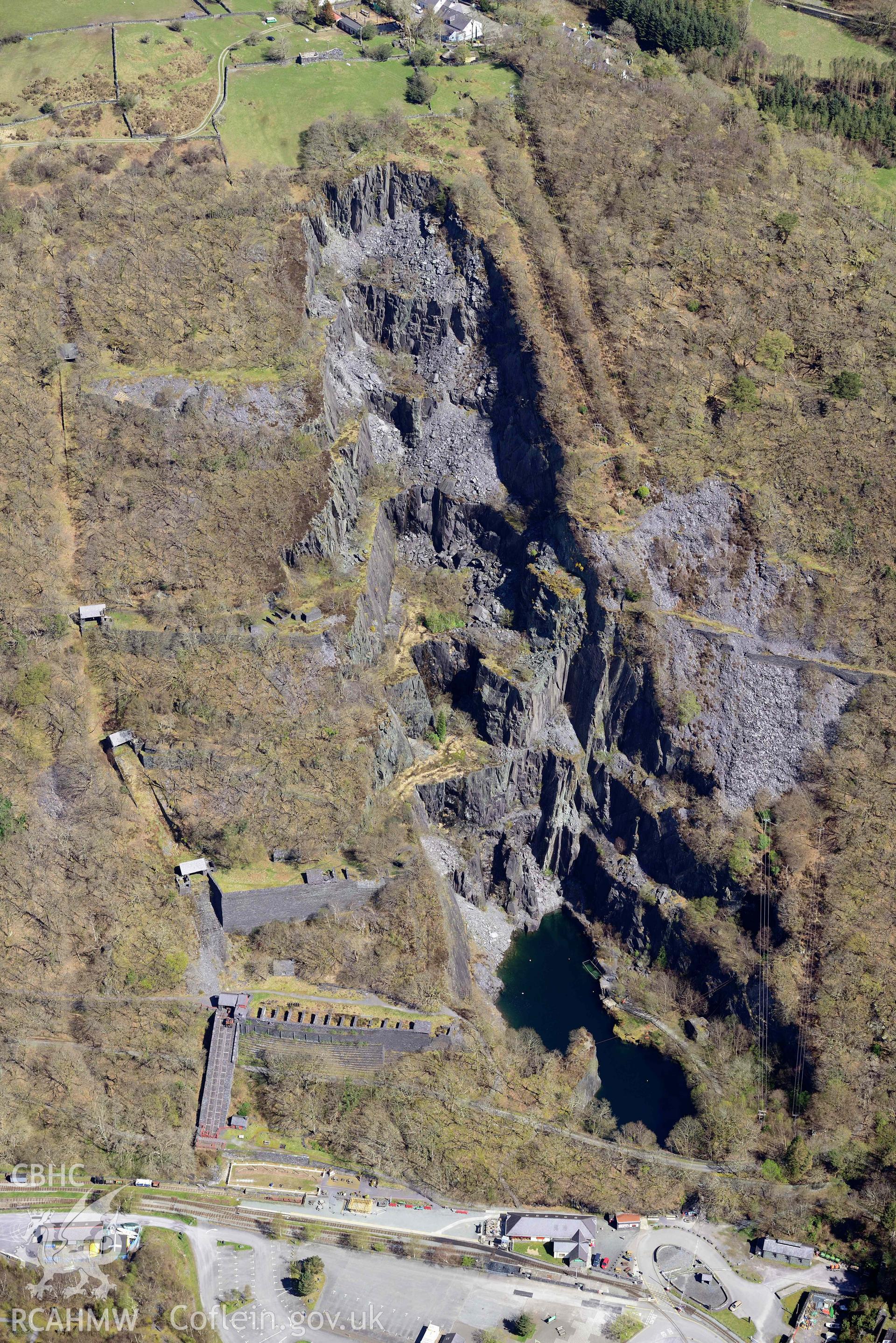 Vivian Slate Quarry. Oblique aerial photograph taken during the Royal Commission’s programme of archaeological aerial reconnaissance by Toby Driver on 20 April 2018.