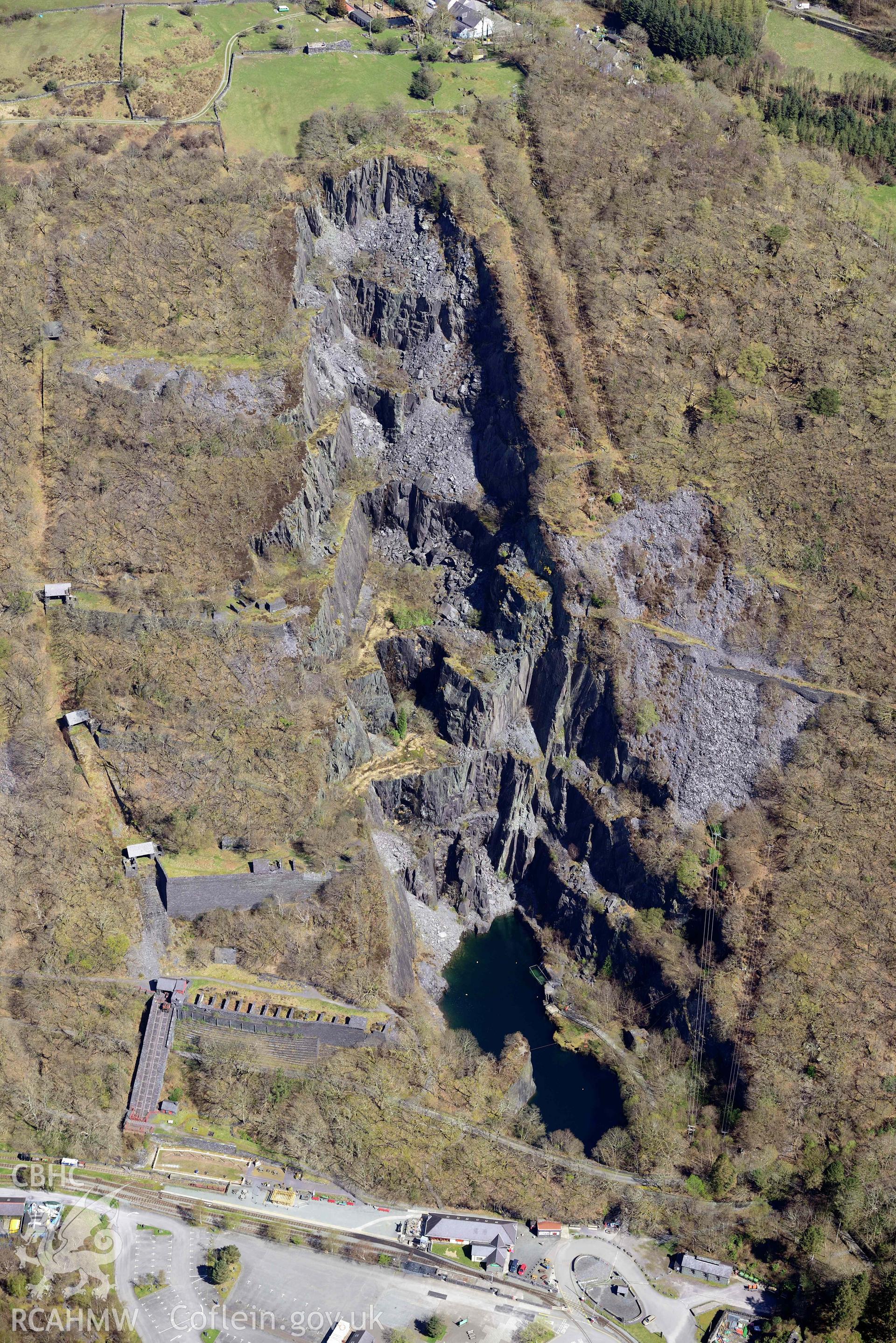 Vivian Slate Quarry. Oblique aerial photograph taken during the Royal Commission’s programme of archaeological aerial reconnaissance by Toby Driver on 20 April 2018.