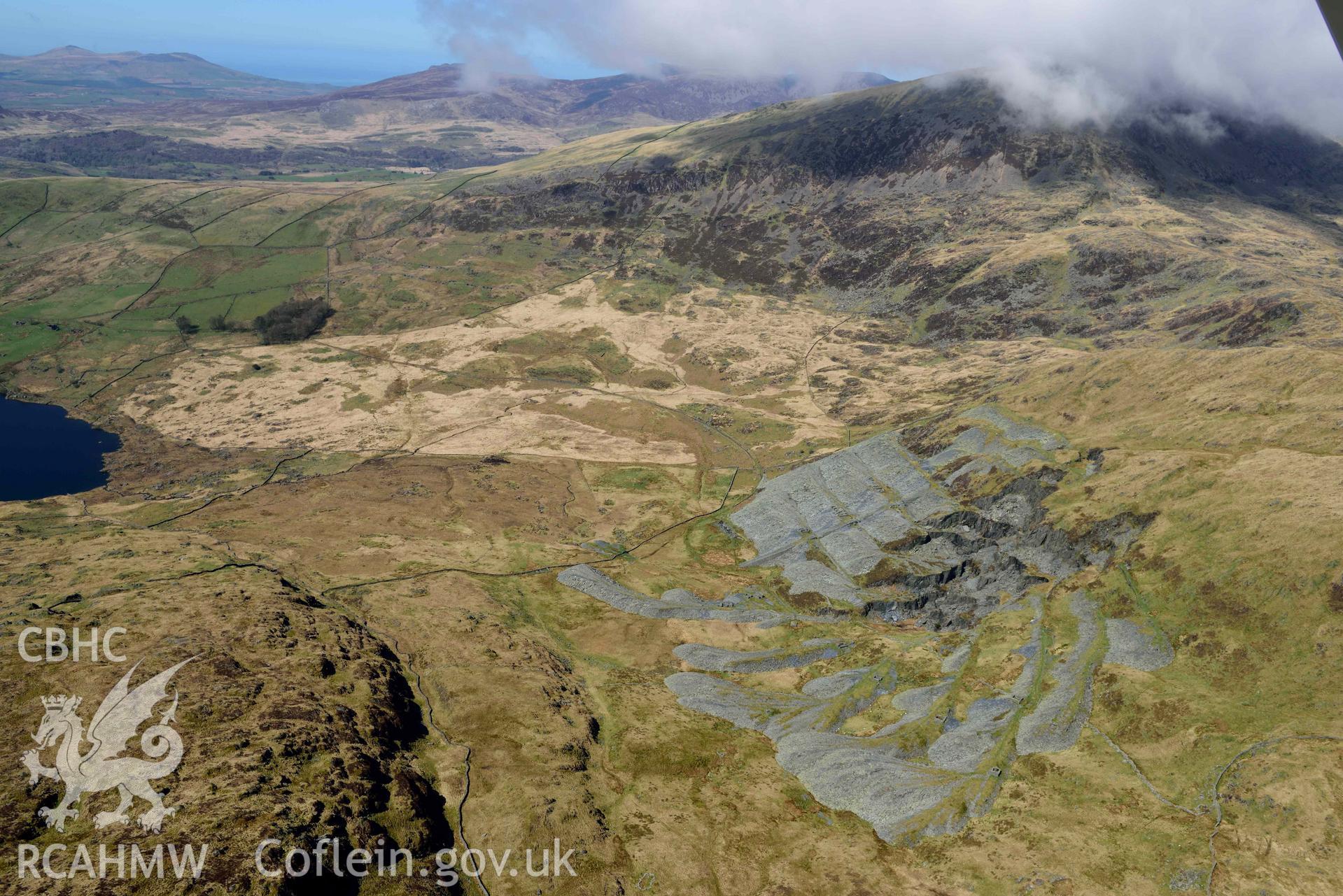 Gorseddau Slate Quarry, view from south-east. Oblique aerial photograph taken during the Royal Commission’s programme of archaeological aerial reconnaissance by Toby Driver on 20 April 2018.