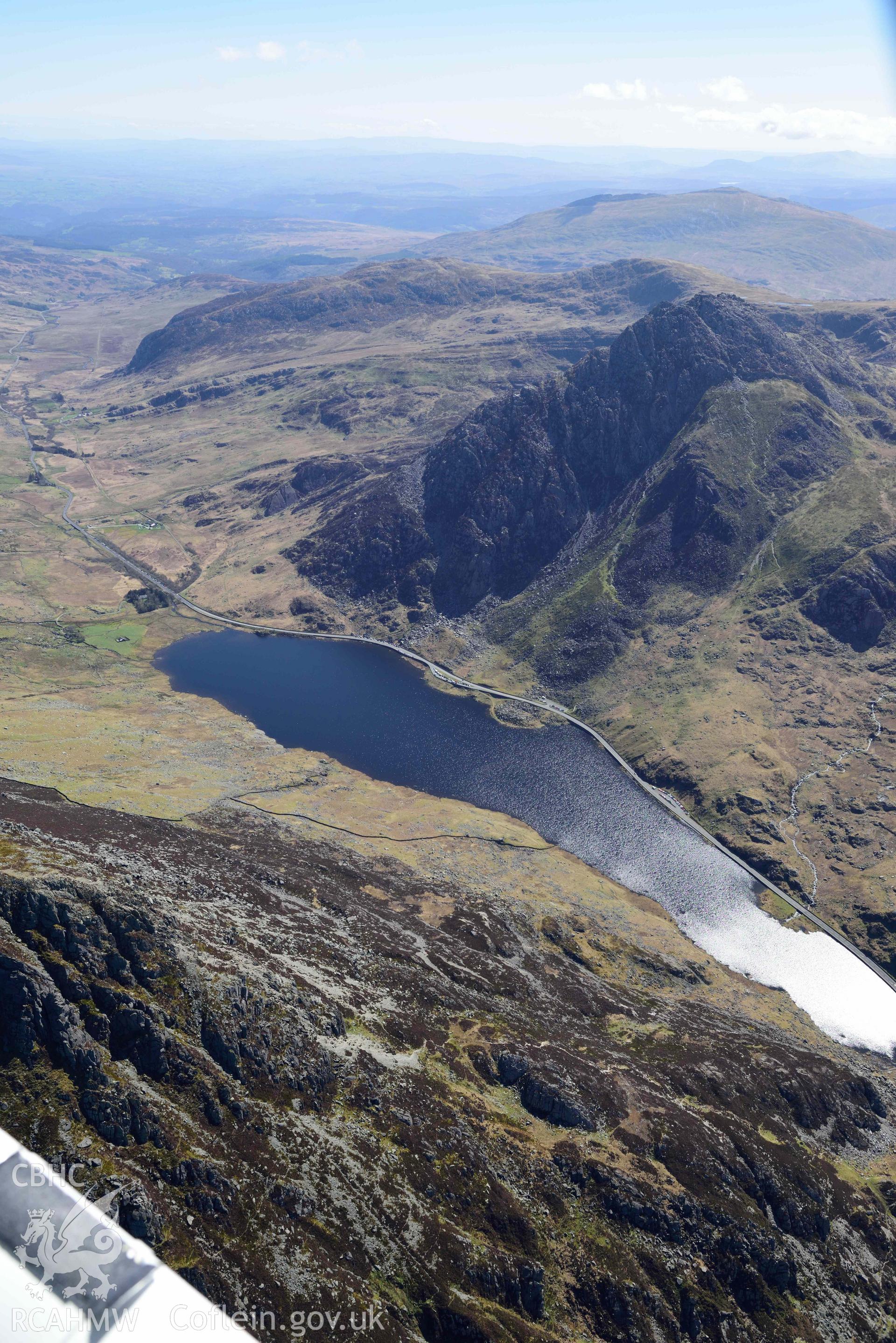 Llyn Ogwen and Tryfan, view from north-west. Oblique aerial photograph taken during the Royal Commission’s programme of archaeological aerial reconnaissance by Toby Driver on 20 April 2018.