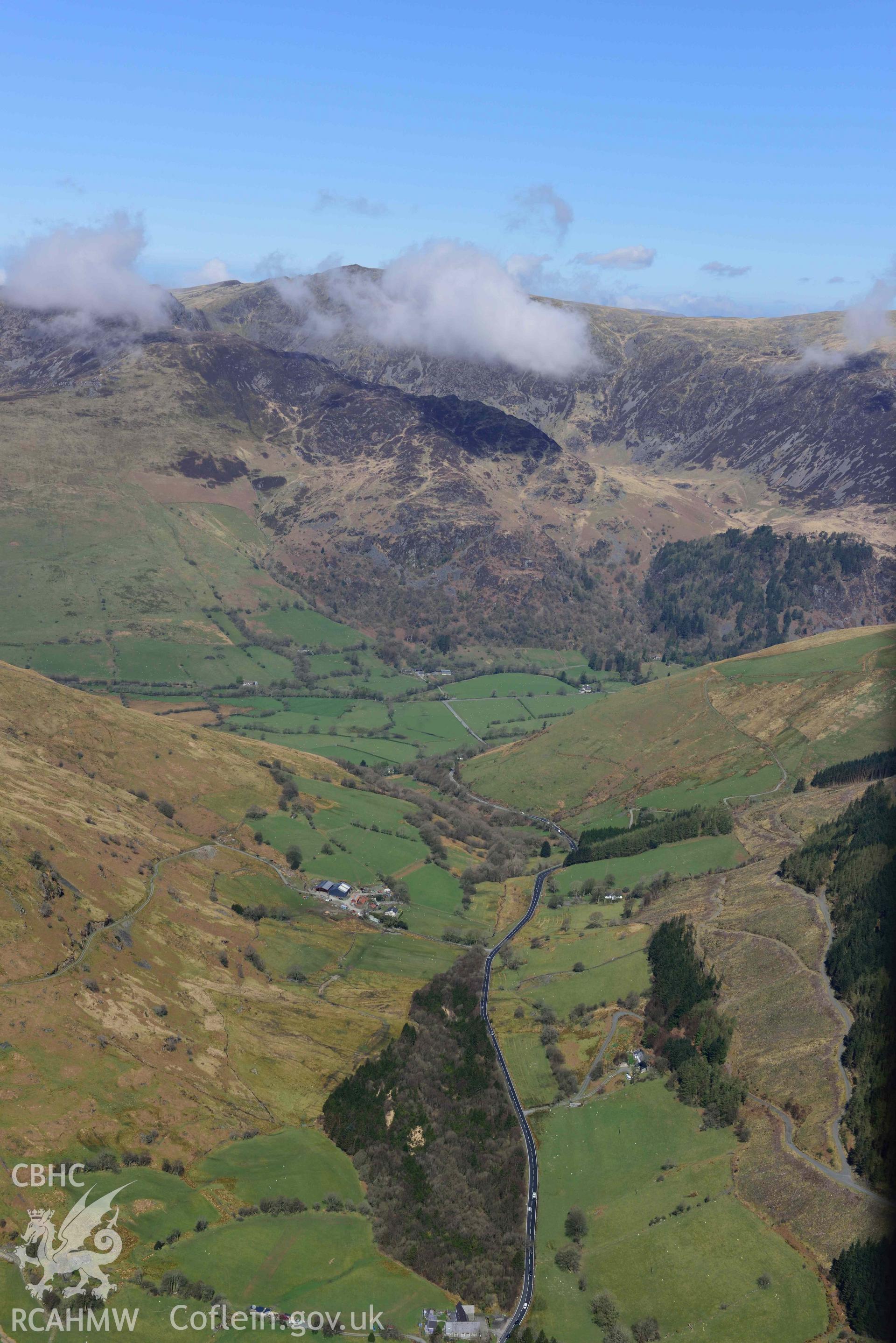 Cader Idris landscape, looking south-east from Corris Uchaf. Oblique aerial photograph taken during the Royal Commission’s programme of archaeological aerial reconnaissance by Toby Driver on 20 April 2018.