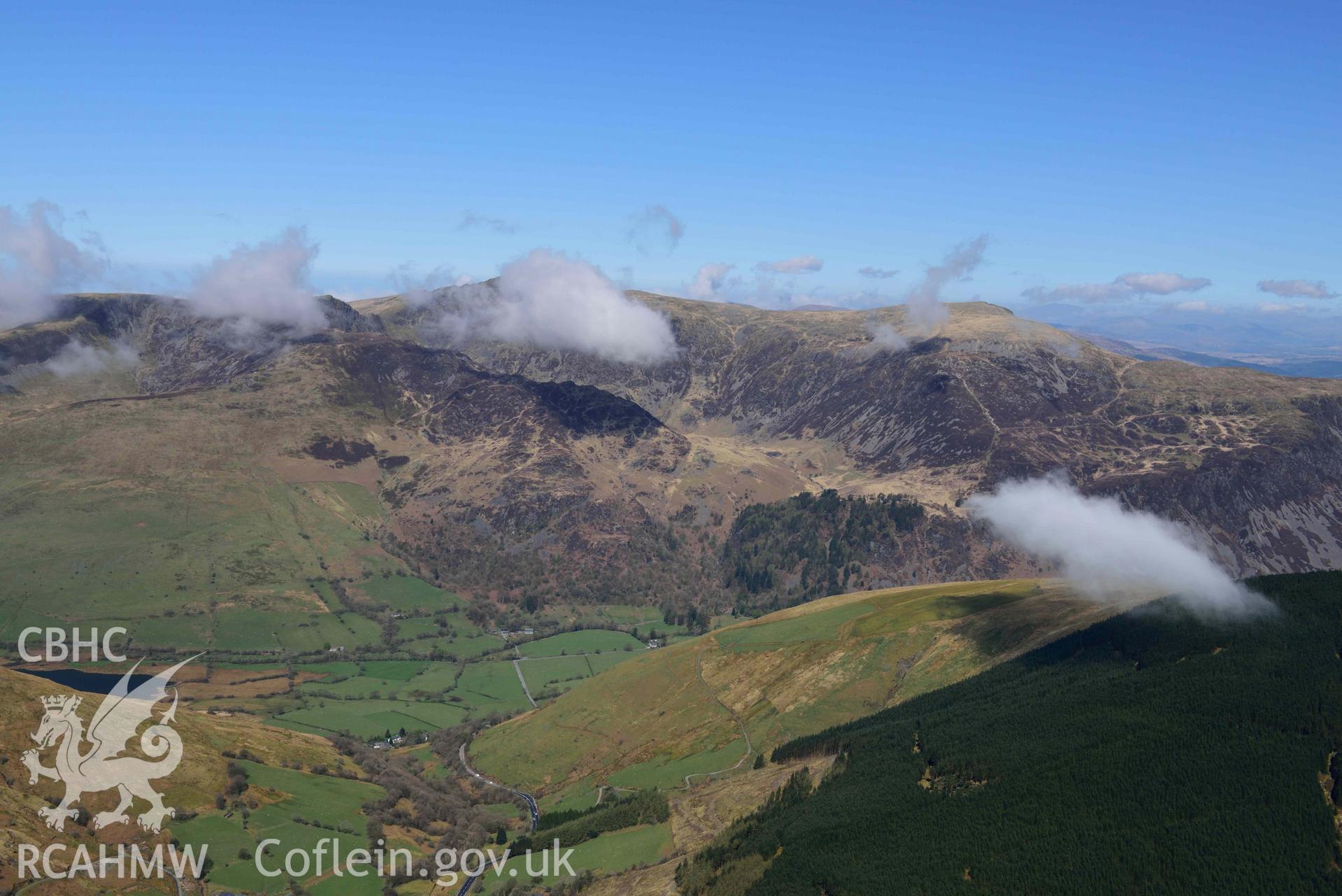 Cader Idris landscape, looking south-east from Corris Uchaf. Oblique aerial photograph taken during the Royal Commission’s programme of archaeological aerial reconnaissance by Toby Driver on 20 April 2018.