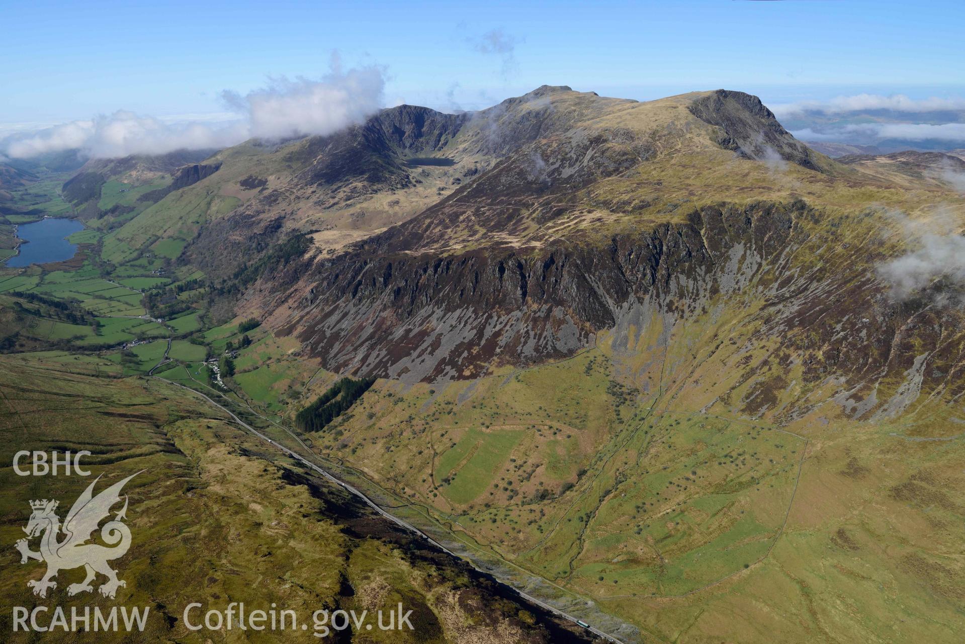 Cader Idris landscape with Llyn Cau lake and Tal-y-llyn, from east. Oblique aerial photograph taken during the Royal Commission’s programme of archaeological aerial reconnaissance by Toby Driver on 20 April 2018.