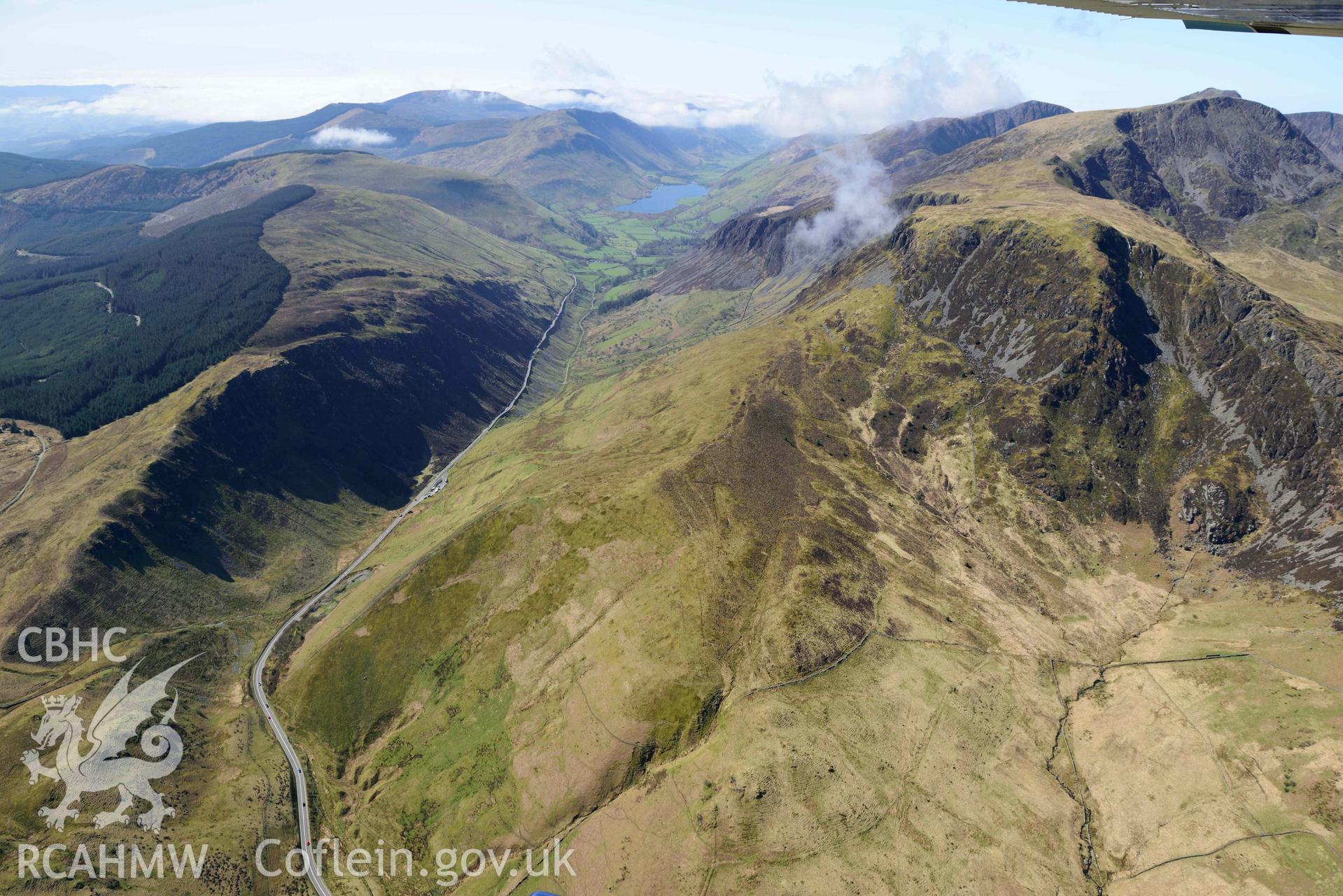 Cader Idris landscape, view over Gau Graig from north-east. Oblique aerial photograph taken during the Royal Commission’s programme of archaeological aerial reconnaissance by Toby Driver on 20 April 2018.