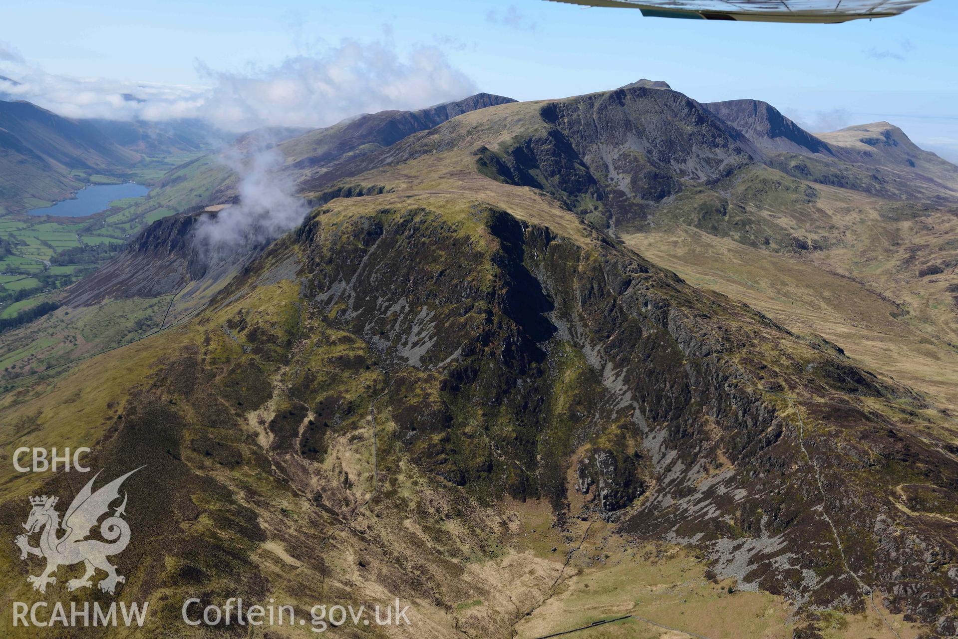 Cader Idris landscape, view over Gau Graig from north-east. Oblique aerial photograph taken during the Royal Commission’s programme of archaeological aerial reconnaissance by Toby Driver on 20 April 2018.